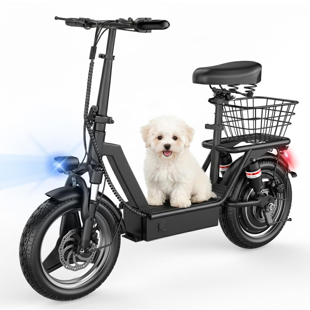 Electric Scooter Adults with Seat, 1000W Peak Motor, 35 Miles Range, 25MPH Top Speed, 14" Foldable E-Scooter with Seat and Basket for Cargo, Dual Suspension for Commuting