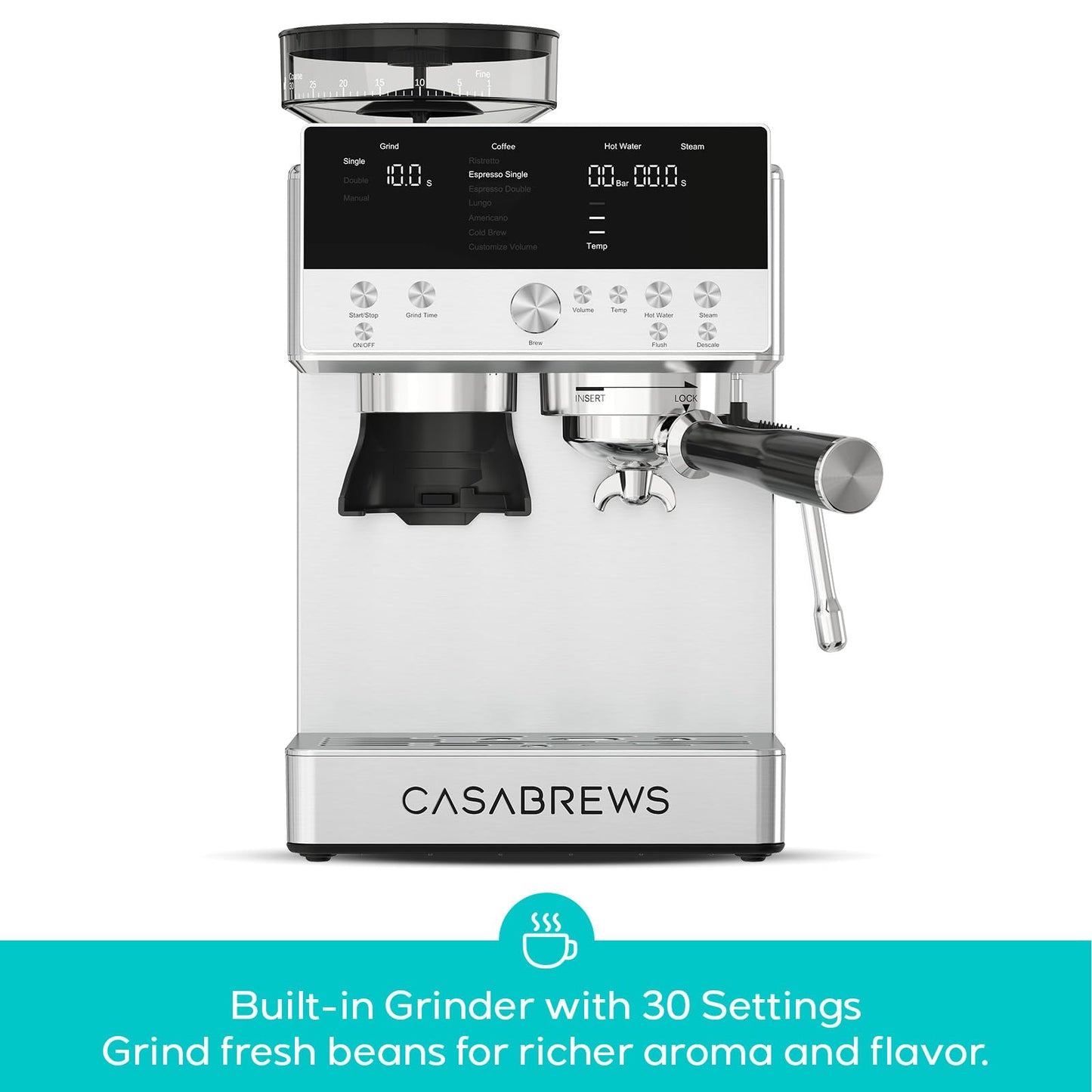 CASABREWS MARENZA Semi-Auto Espresso Coffee Machine with Built-in Grinder, Professional Coffee Maker with Milk Frother Steam Wand, Barista-Quality Cappuccino Latte Machine with LCD Display