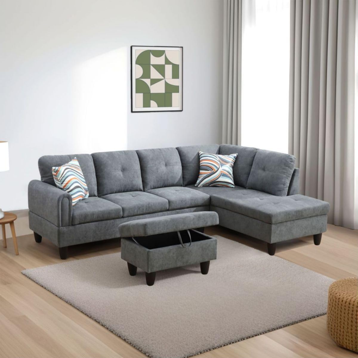 UOCFYK Dark Grey L-Shaped 3-Piece Flannel Sofa with Storage Ottoman Set, Sectional Couch Sofa Set for Living Room, Office, Small Space