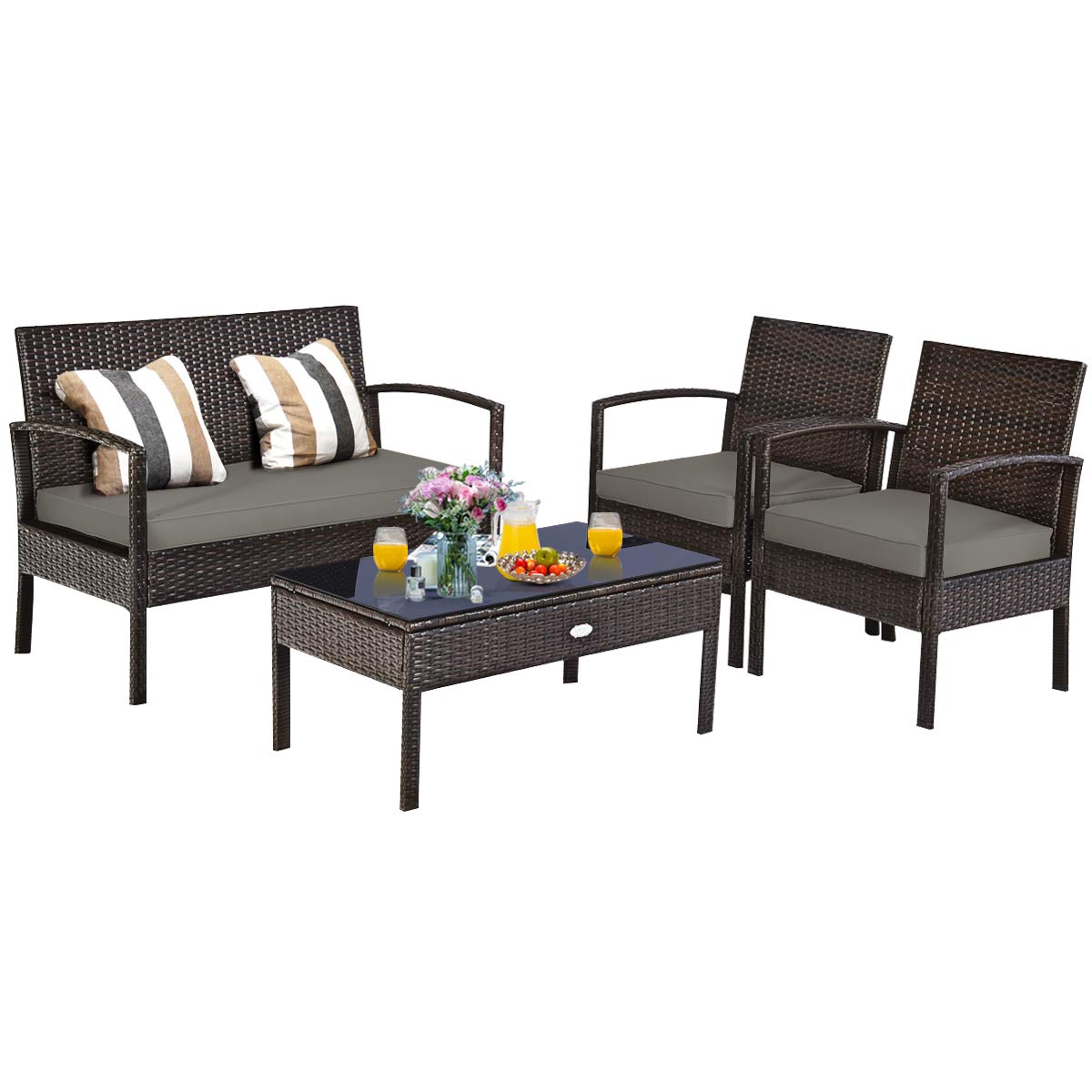 Tangkula 4-PCS Wicker Patio Conversation Furniture Set, Outdoor Rattan Chair and Table Set, Patio Furniture Sets with Coffee Table & Washable Cushions for Courtyard Balcony Garden (1, Brown)