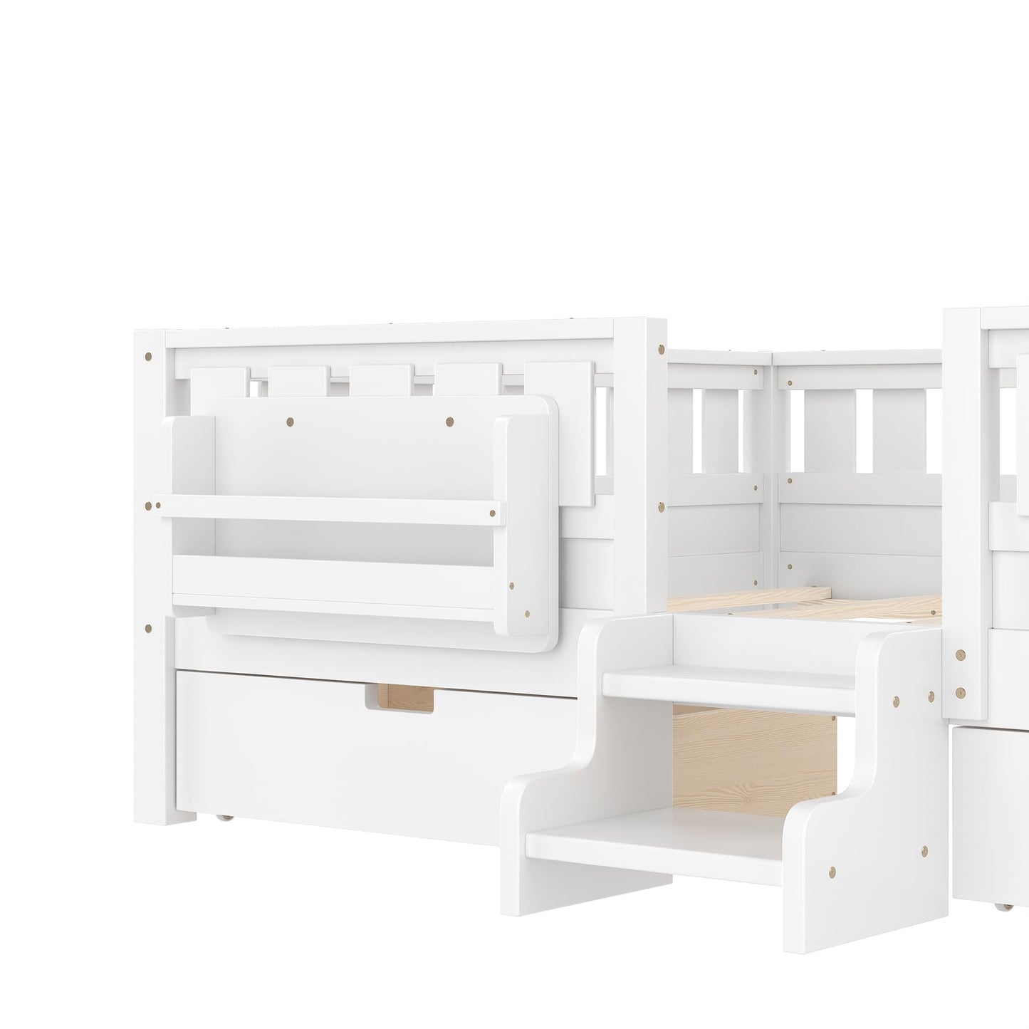 Queen Platform Bed with Storage Drawers and Bookshelves, Kids Platform Bed Frame with Low-profile Stairs and Full-length Guardrails, Queen Bed Frame for Boys, Girls, No Box Spring Needed, White