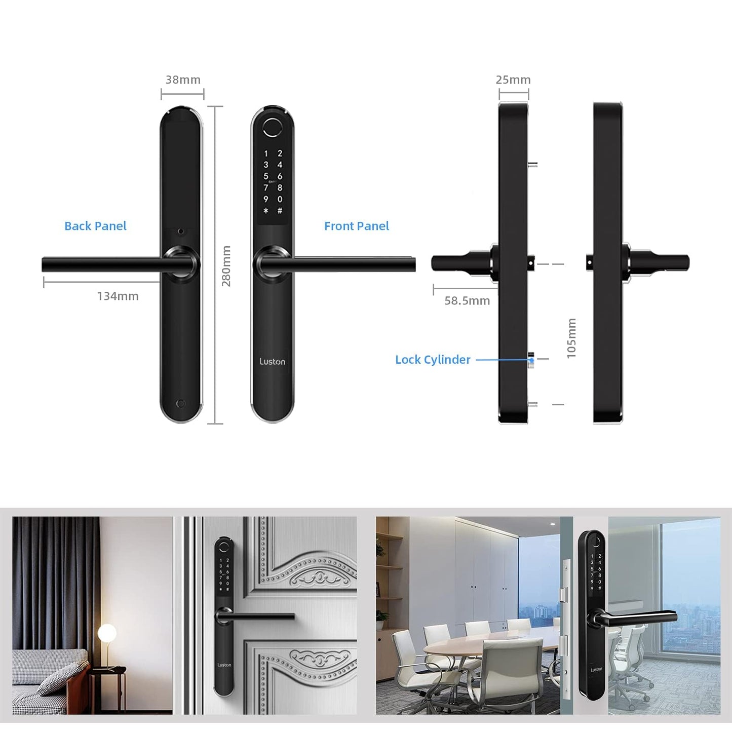 Luston Slim Smart Lock Front Door Stainless Steel Waterproof Mortise Lock,Keyless Entry Door Lock,WiFi Bluetooth Fingerprint Digital Keypad Aluminum Swing Door Lock with Handle(Black)