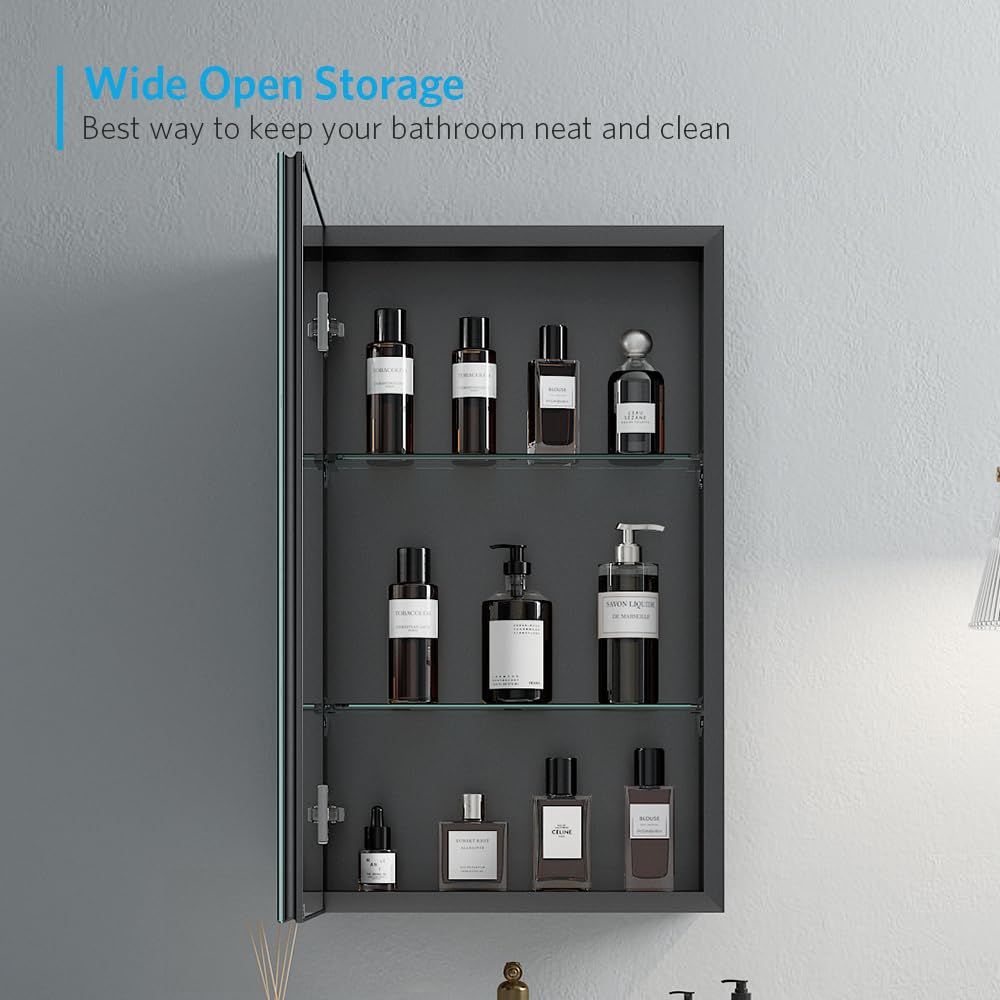 Quavikey 16"x26" Medicine Cabinet with Mirror, Recessed or Surface, Black