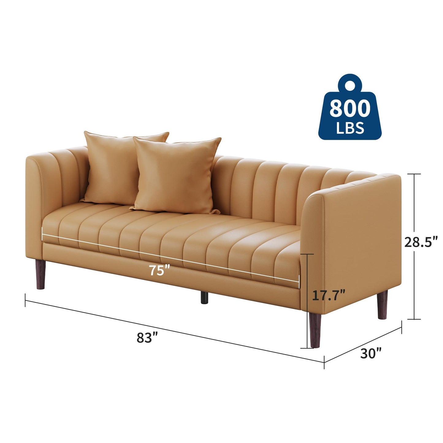 IDEALHOUSE 83" W Faux Leather Sofa Couch for Living Room, Modern 3 Seater Sofa Couch with Deep Seats, 2 Throw Pillows and Wood Legs, for Small Space, Bedroom, Apartment, Home Office, Brown