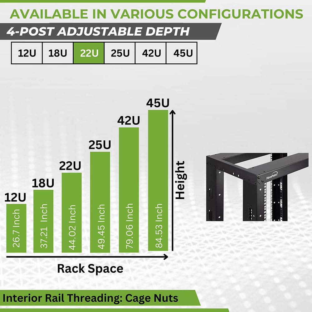 NavePoint 4ft Open Frame 19 Inch 22U 4-Post Network Server Relay Rack Rolling with Casters