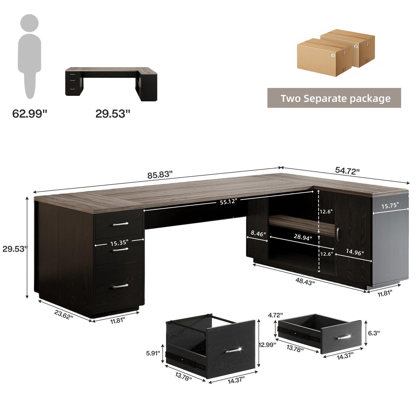 Tribesigns 85.8-Inch L-Shaped Executive Office Desk with File Drawers & Storage Cabinet, Professional Corner Computer Desk Extra Large Business Workstation with Adjustable Shelves (Gray&Black)