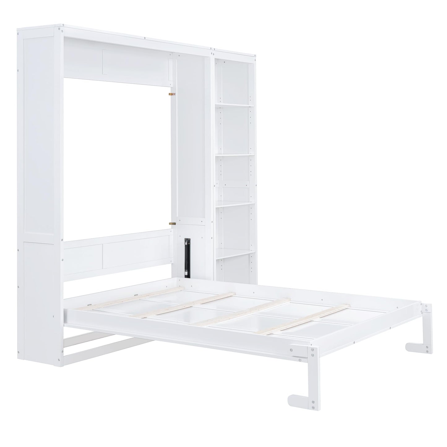 Merax Space-Saving White Murphy Bed Queen Size with Adjustable Storage Shelves, Multifunctional Foldable Wall Bed for Small Spaces Studio Study Office Guest Room