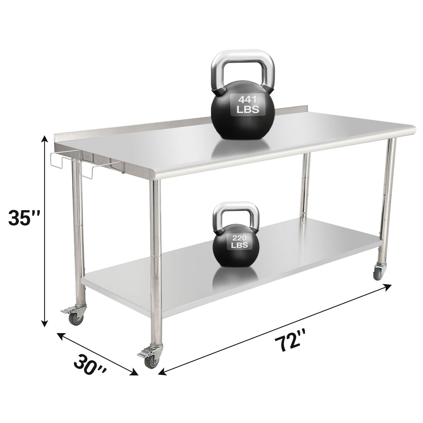 Stainless Steel Commercial Work Table, 72x30x35in - Wheels, Adjustable Undershelf, Backsplash, Removable Trash Rack - Heavy Duty Prep Station for Kitchen, Restaurant, Garage