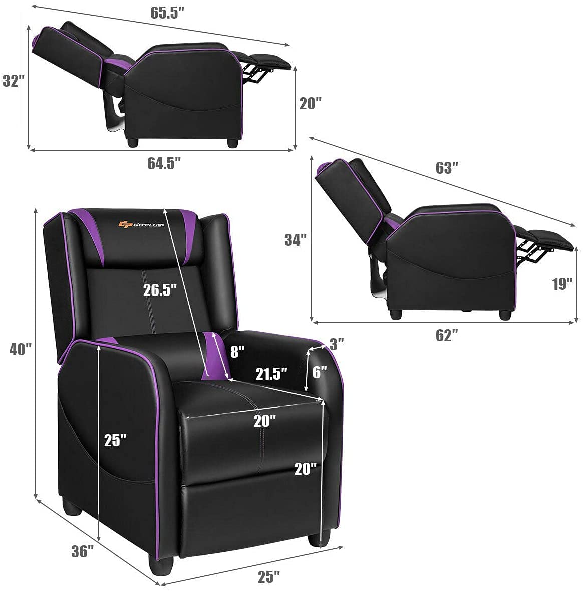 CHEFJOY Massage Gaming Recliner Chair, Purple