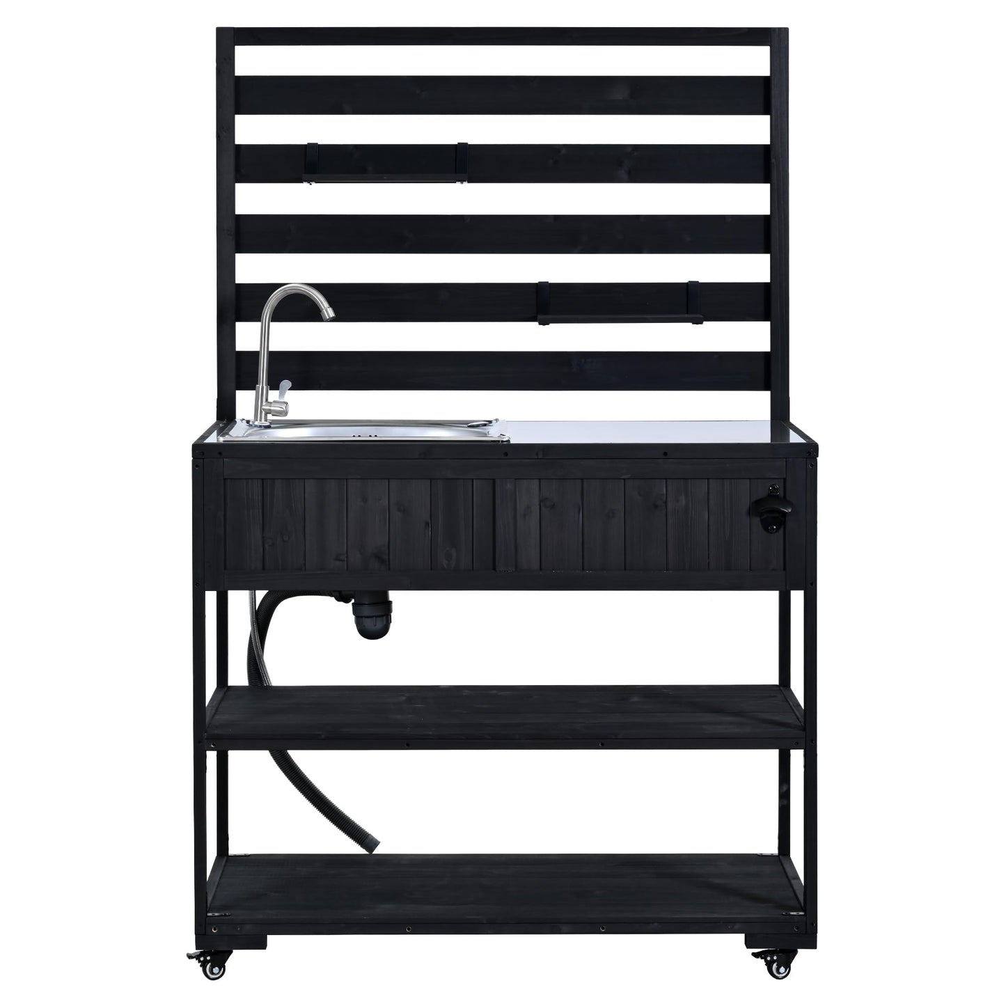 GDFStudio Elvale Patio Rolling Kitchen Island Cart with Sink, Wooden Outdoor Storage Cabinet with Stainless Steel Top, Movable Shelves, Bottle Opener and Lockable Wheels, Garden Potting Bench, Black