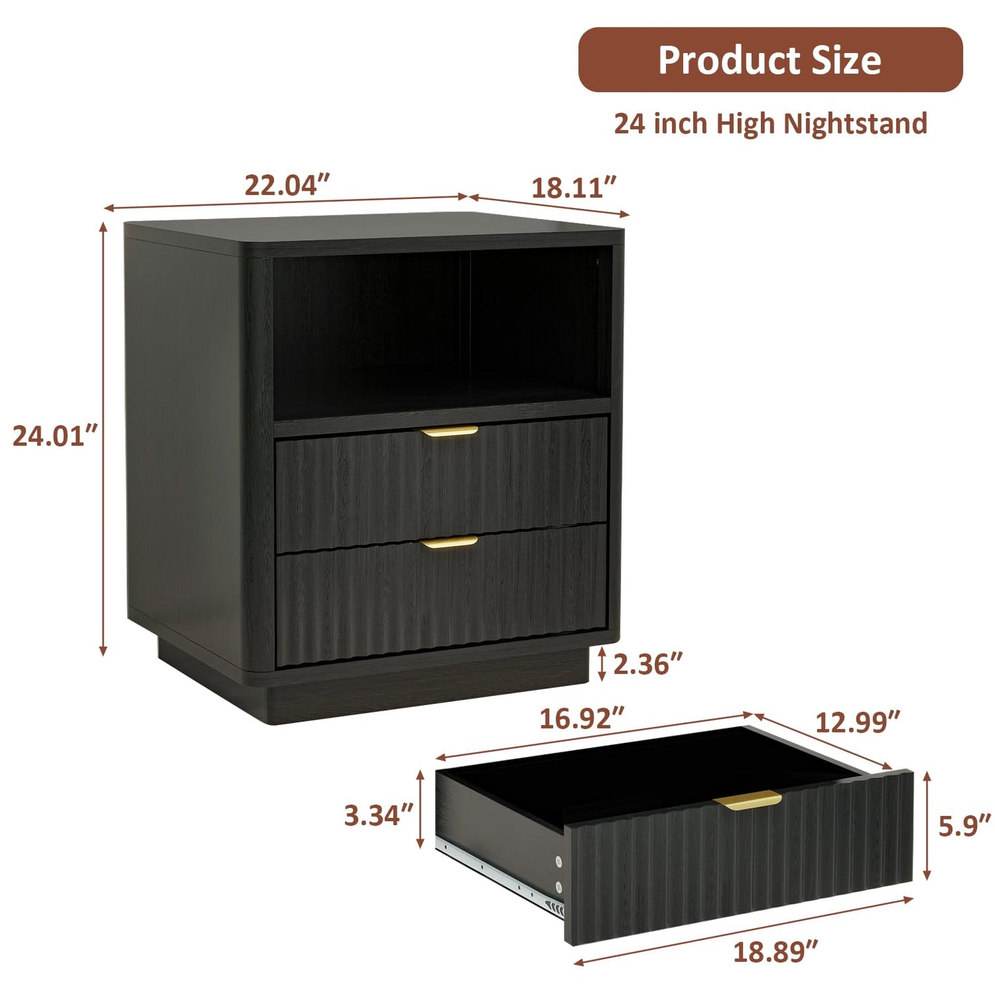 ROCSUMOO Black Nightstands Set of 2, Fluted Nightstands with 2 Drawers and Open Shelves, Large Wooden Night Stands Modern Design Night Stand for Bedroom Sofa Office (2, Black)