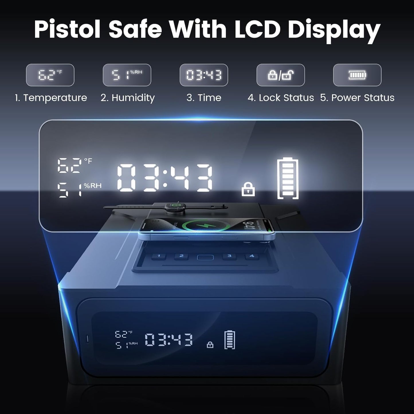 XDeer Smart Biometric Gun Safe for Handgun, 4 Ways Quick Access Fingerprint Gun Safes,Bluetooth App Control, Nightstand Smart Safes Box with Wireless Charging for Phone, Gun Safe Alarm Clock 1pcs