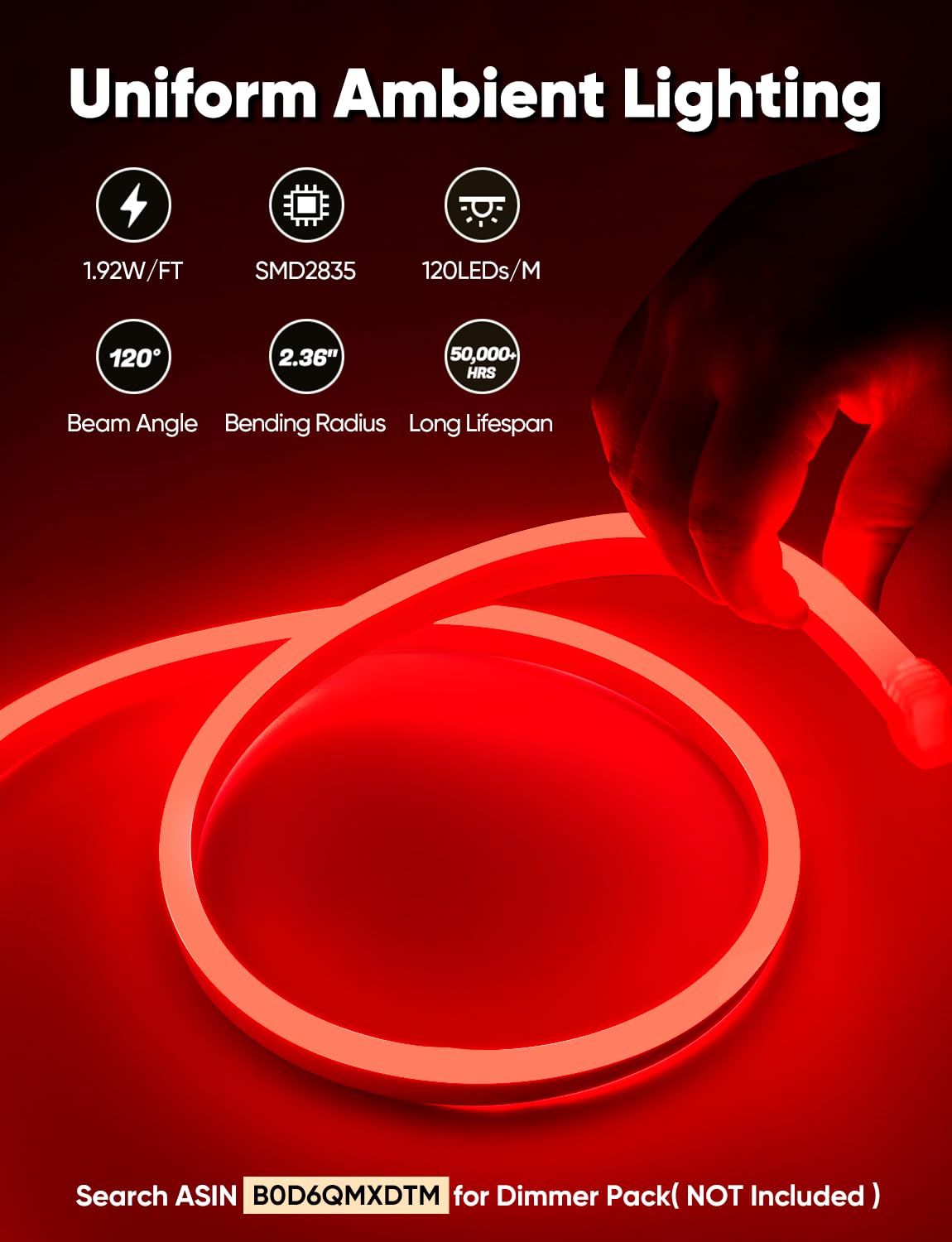 HeliosRibbon 65FT Red LED Neon Rope Lights, Waterproof, Flexible, Connectable, Model HR-MNEON-RED-20M