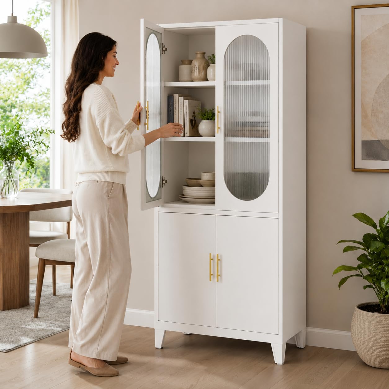 Arched Storage Cabinet with Glass Doors, 71" Tall Metal Pantry Cabinet, White Freestanding Storage with Upper Fluted Glass and Lower Metal Doors, Adjustable Shelves for Dining Room, Living Room