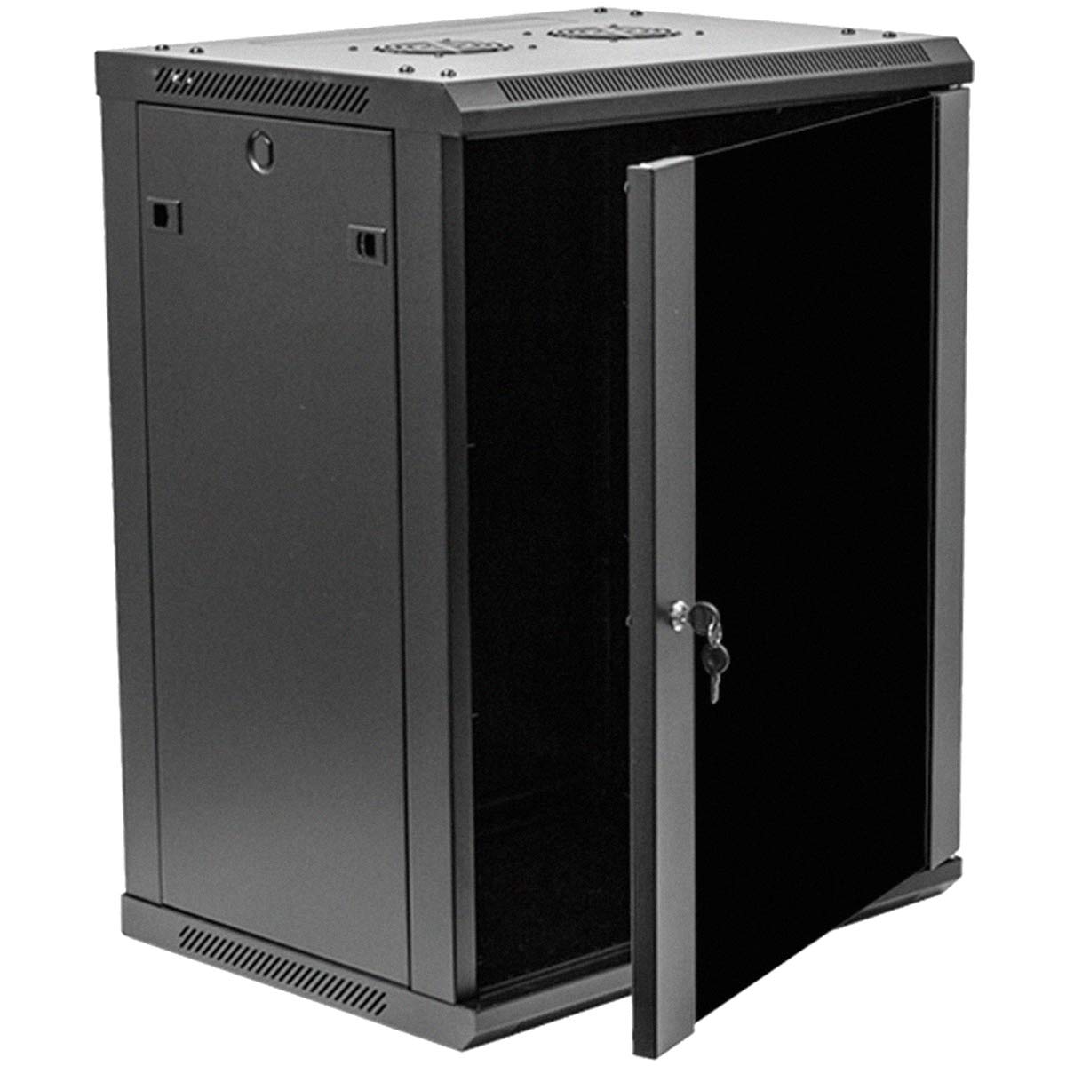 NavePoint 15U Server Rack Enclosure - 17.7” Deep, Wall Mount Network Cabinet with Locking Glass Door for 19” IT Equipment, Network Rack with 2 Fans, Removable Side Panels, Black