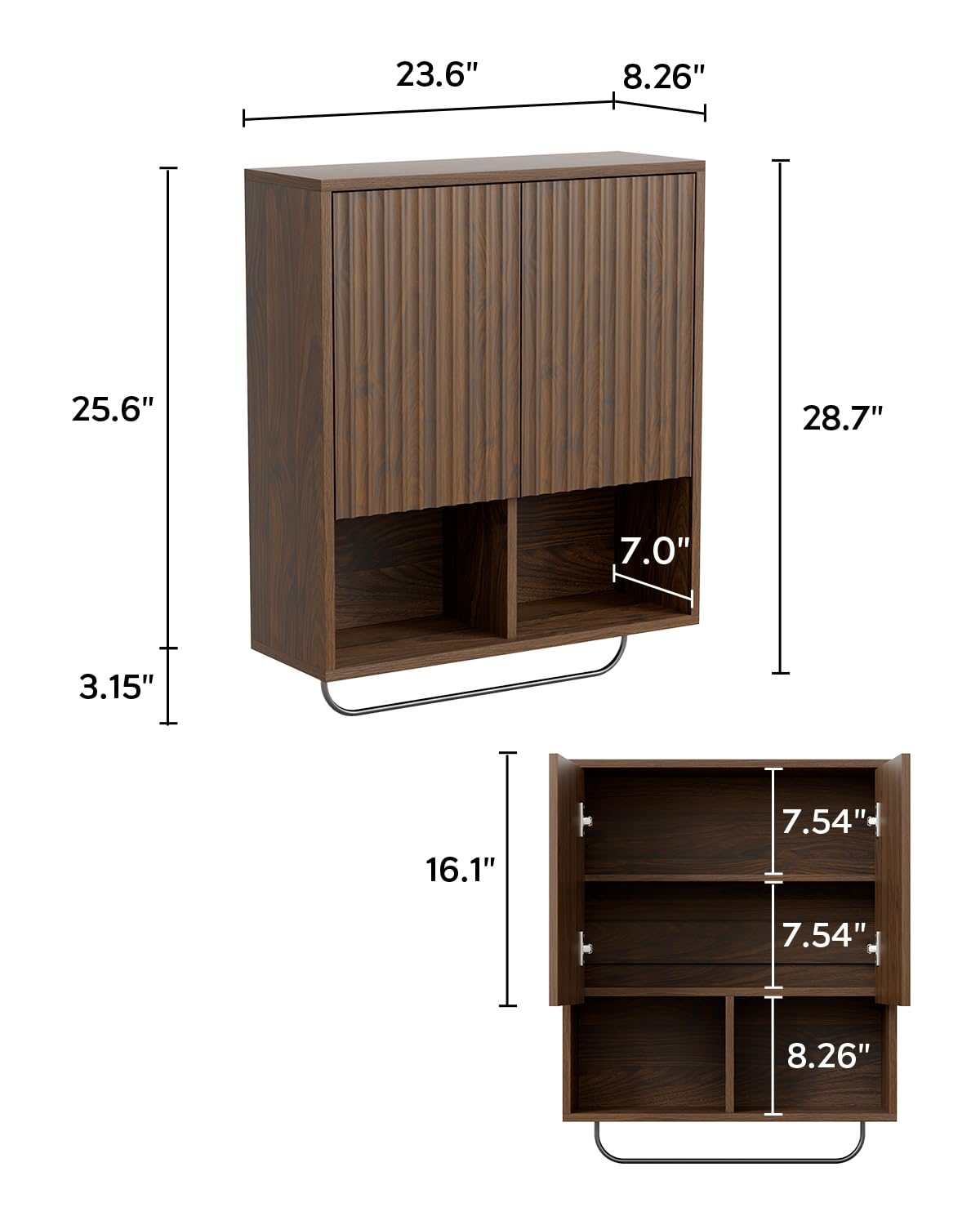 MoomJiee Fluted Wall Cabinets with Doors and Shelves Set of 2, Modern Medicine Cabinet Bathroom Adjustable Shelf Towel Rack Wood Storage Cabinet for Kitchen Dining Room Living Room, Brown
