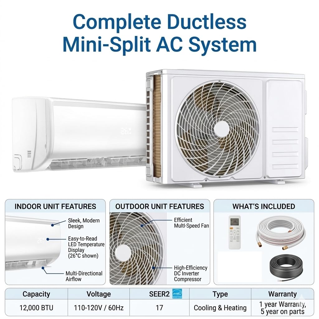 Vtronix Classic America 12000 BTU Smart Mini Split AC/Heat Pump, 17 SEER2 Inverter Ductless Wall Mount, 110/120V, Quiet 29dB, WiFi/Alexa, Pre-Charged, 16ft Line Set Kit, Up to 550 Sq Ft