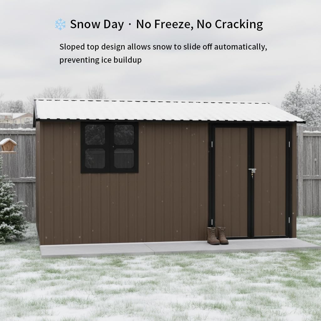 YOPTO 12x10 FT Outdoor Storage Shed,Metal Shed W/Goods Shelves & Window,Garden Tool House W/ 2 Vents & Lamp Hanging Hole & Apex Roof and Lockable Doors,for Backyard Patio Lawn,Brown