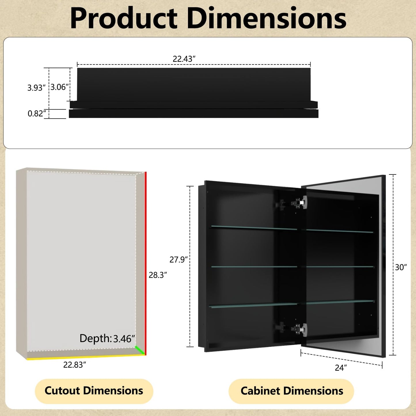 FOMAYKO 24x30 Inch Bathroom Medicine Cabinet with Mirror – Brushed Black Aluminum Frame, Surface Mount Single-Door Storage Cabinet, Black Bathroom Vanity Mirror Cabinet