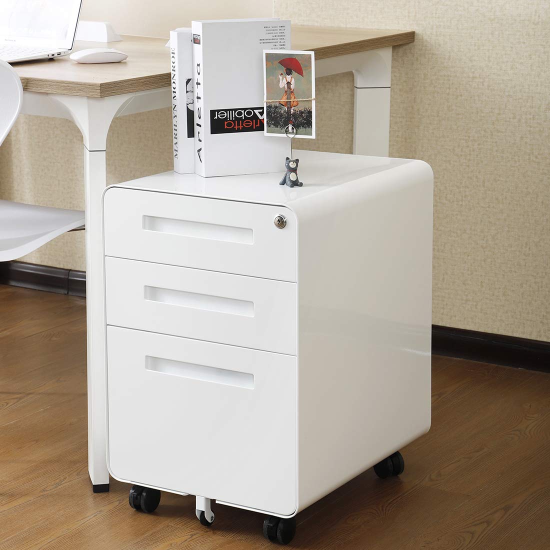 BouPower 3 Drawer File Cabinet for Home Office, Under Desk Mobile Filing Cabinet with Lock for A4/Letter/Legal Size, 5 Wheel Anti-tilt Rolling File Cabinets, Fully Assembled (Except Casters)
