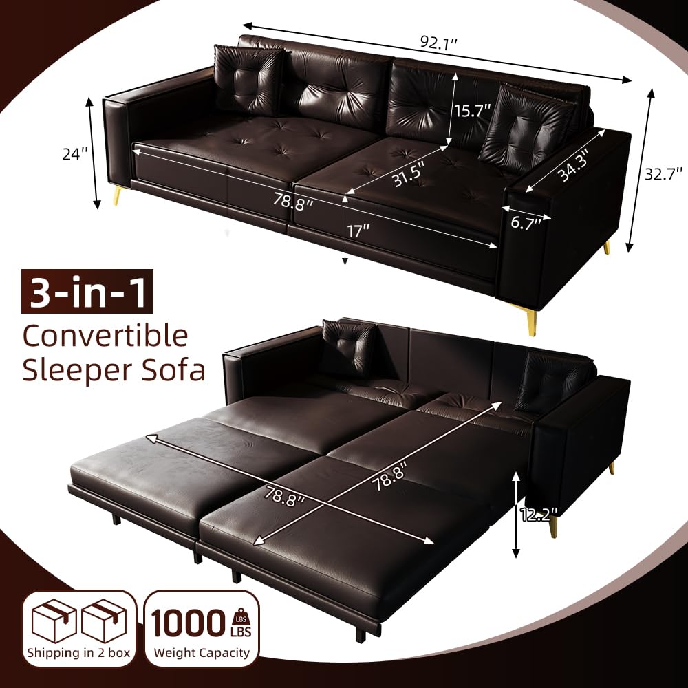 KEIKI 92.1" King Size Pull Out Sofa Bed, 3-in-1 Faux Leather Convertible Sleeper Clouch with 2 Pillows, 4-Seater Sofa Bed for Living Room, Apartment, Office, Dark Brown