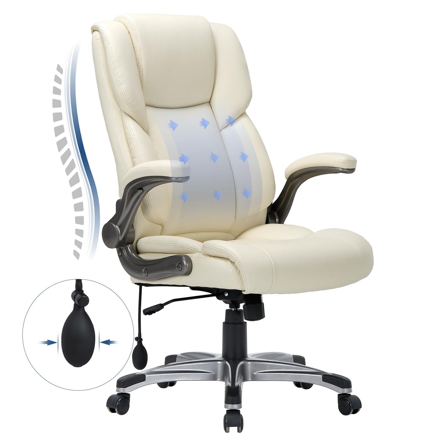 COLAMY High Back Executive Office Chair- Ergonomic Home Computer Desk Leather Chair with Padded Flip-up Arms, Adjustable Tilt Lock, Swivel Rolling Chair for Adult Working Study-Ivory