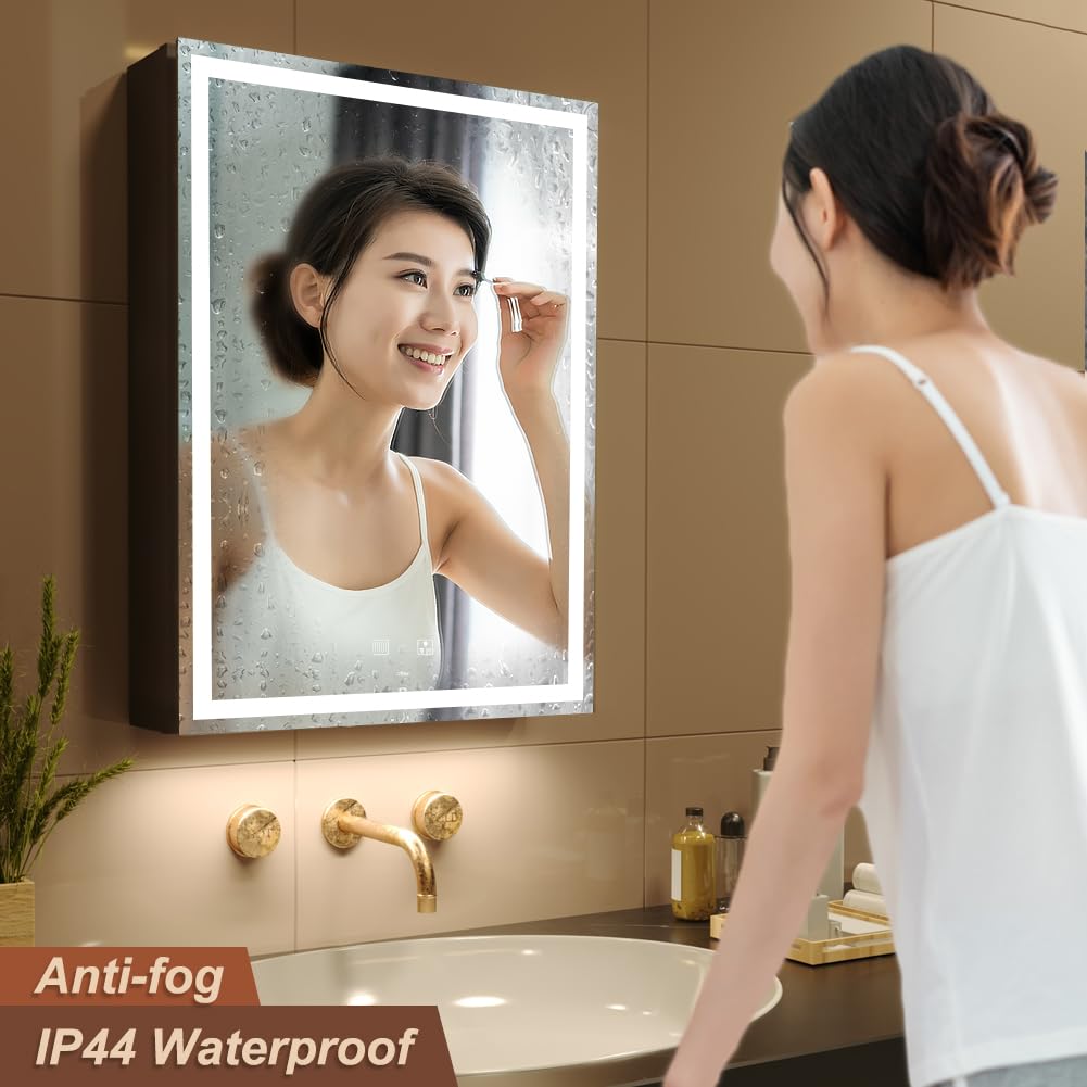 KWW LED Lighted Bathroom Medicine Cabinet with Sockets & USBs, Defogger, Dimmable, 3 Color Light Makeup Mirror, Easy to Install, Wall Mounted Cabinet (Left hinge-20 * 28)