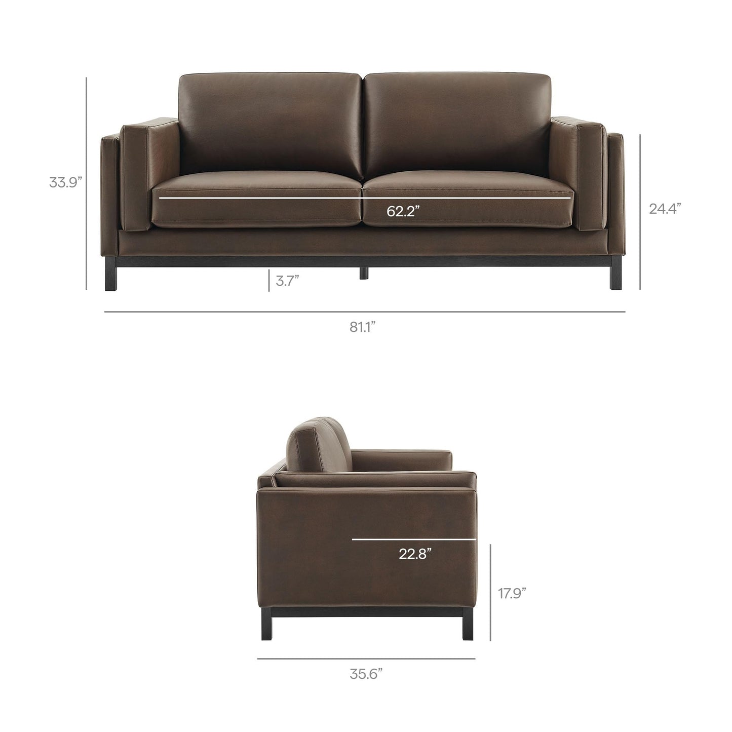 Modway Roscoe 81 Inch Vegan Leather Sofa in Espresso - Comfortable Faux Leather Deep Seat Couch for Living Room, Apartment, or Office Seating