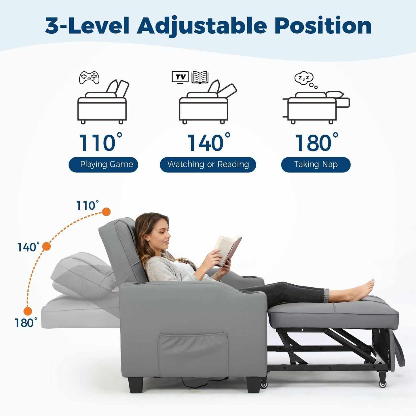 4 in 1 Convertible Sleeper Chair Bed with Vibration Massage Lumbar Pillow, Single Sofa Recliner Featuring USB/Type-C Port, Cup Holders & Side Pocket, Space-Saving Pull Out Bed for Small Spaces, Grey