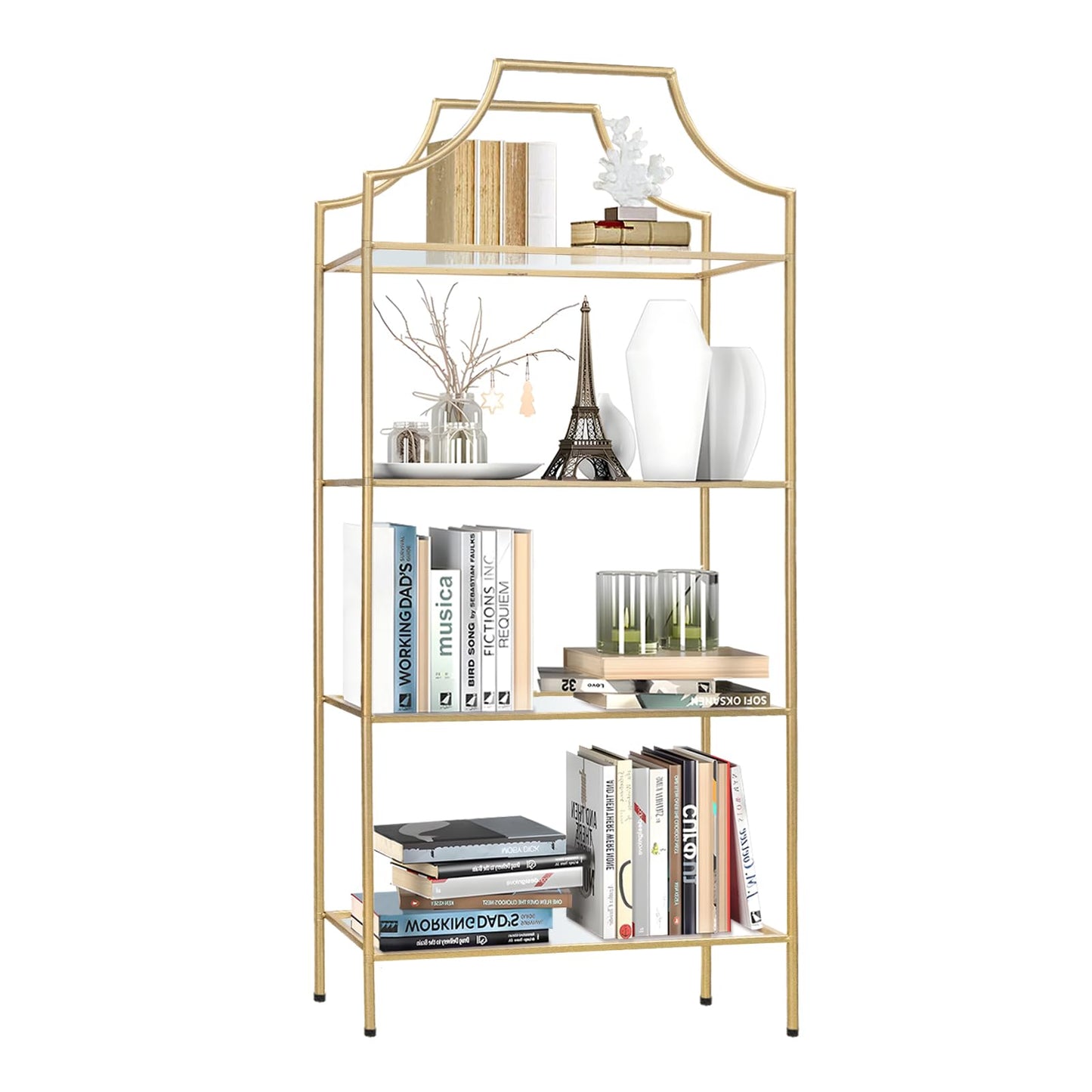 GIFTTROVE 4 Tier Bookshelf, Metal Book Shelf for Storage, Tall Storage Display Bookcase, Modern Open Book Case for Bedroom, Living Room, Glass Office Organization Shelf, 66.3" X 26" X 13"