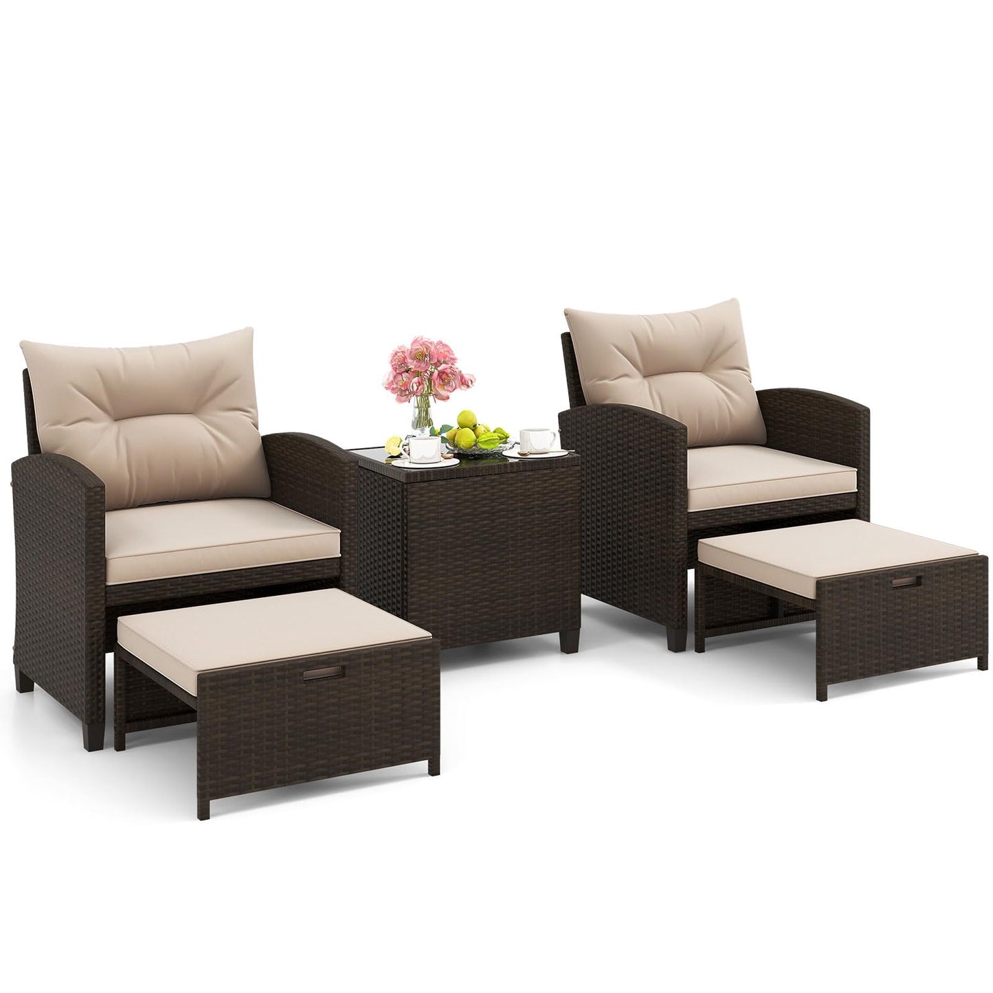 Tangkula 5 Pieces Patio Conversation Set, PE Wicker Rattan Outdoor Furniture Set with 2 Chairs, 2 Ottomans & Tempered Glass Coffee Table, Ideal for Poolside, Backyard, Lawn, Deck (Mix Brown & Beige)