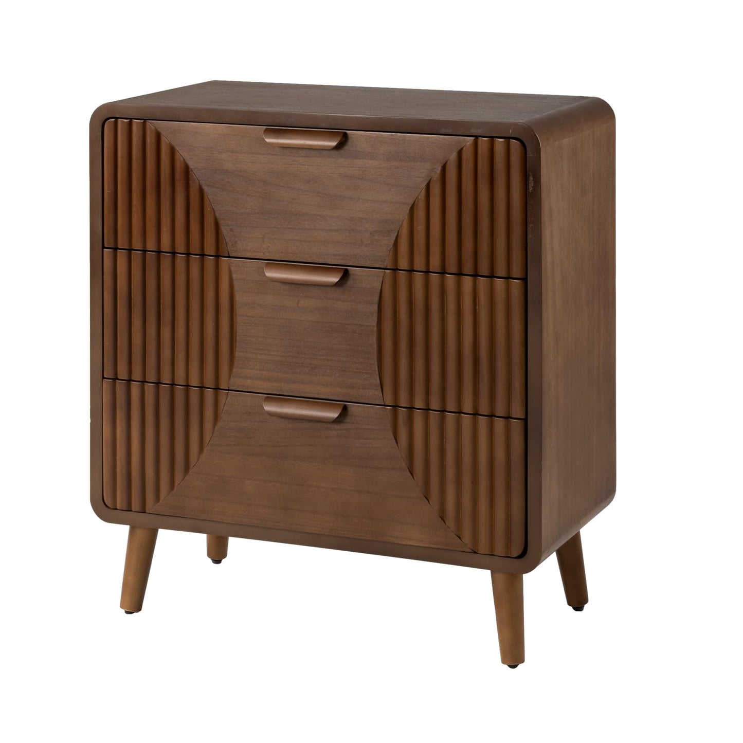 COSIEST Tall Nightstand with 3 Drawers, Mid-Century Modern Fluted Bedside Table, Walnut Wood Accent Cabinet with Storage for Bedroom, Brown