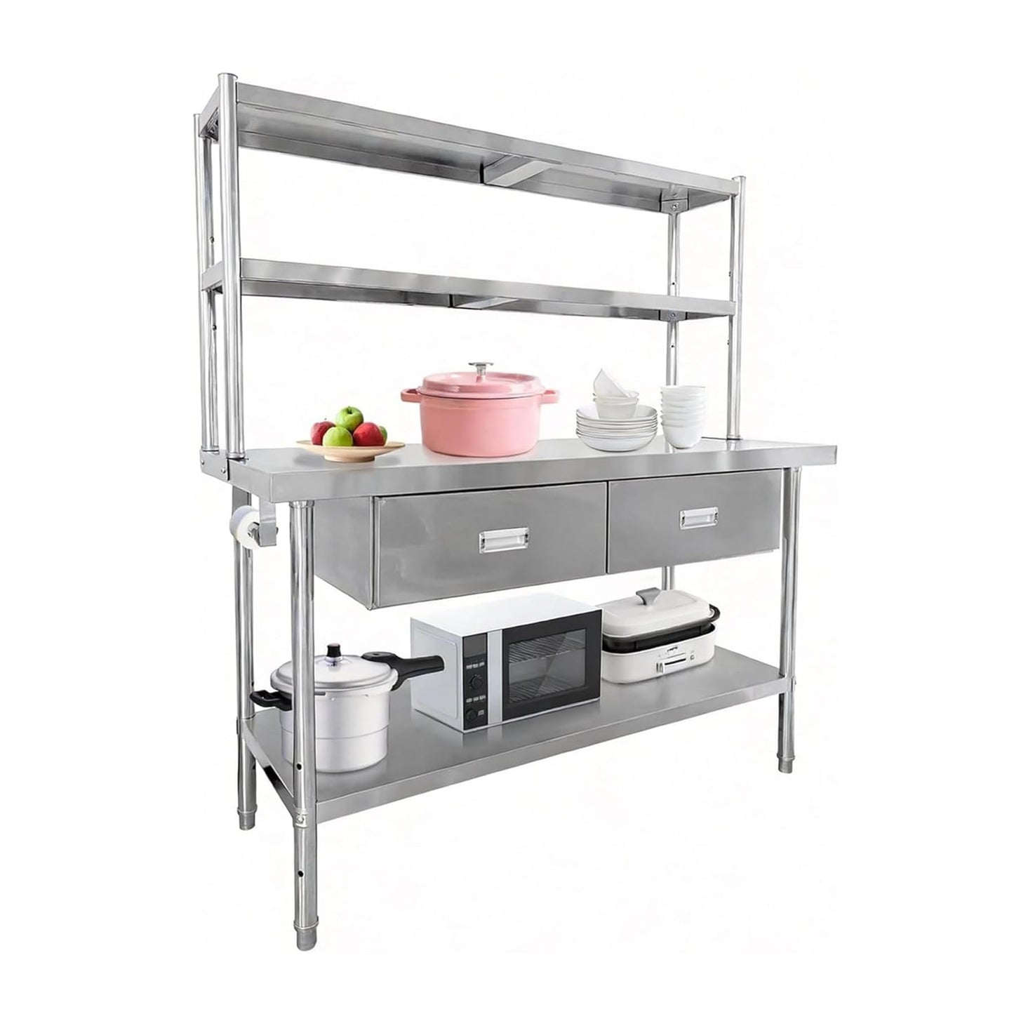 Stainless Steel Table with Overshelves and Drawers, Work Tables Workbench
