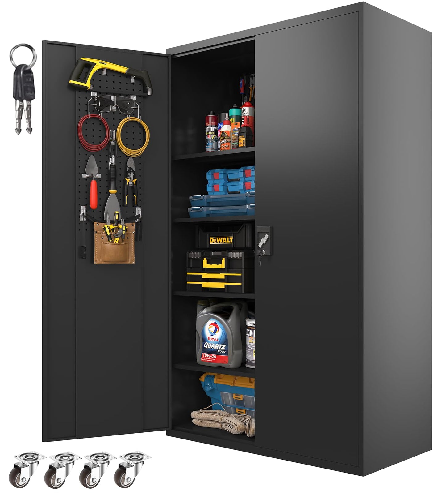 Fohufo Upgraded Wide Metal Storage Cabinet - 72 Inch Black Lockable Garage Cabinet with Wheels & 4 Adjustable Shelves | Heavy-Duty Steel Cabinet for Garage, Office, Pantry, Gym