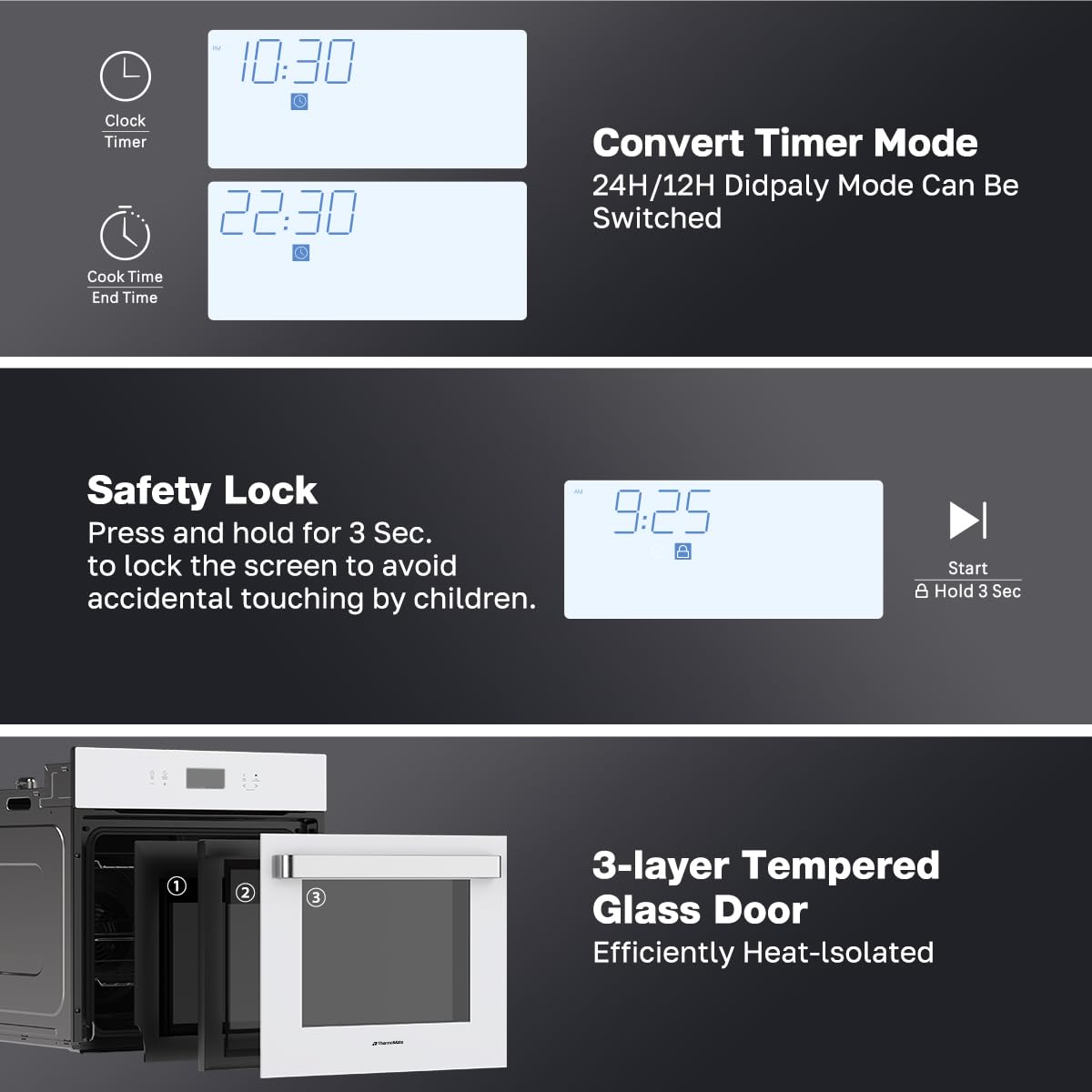 24" Wall Oven, ETL Certified, ThermoMate 2.6 Cu.Ft. Electric Wall Oven with 12 Functions, 3100W, White Built-in Convection Ovens, Sensor Touch Control, Safety Lock