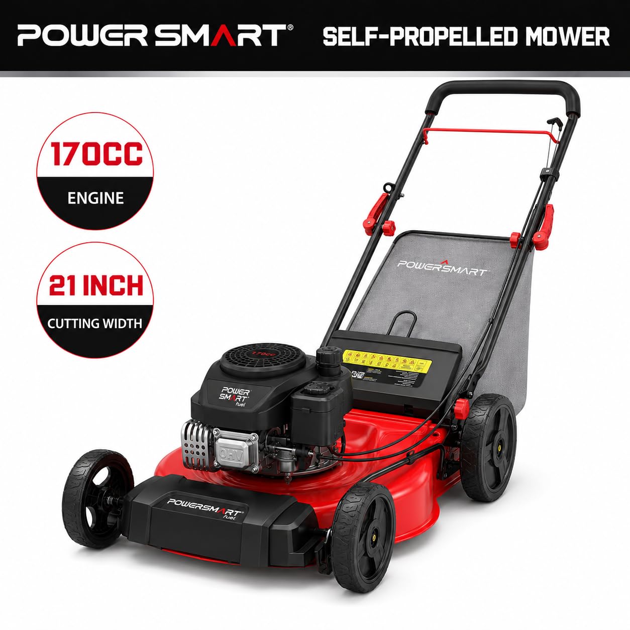 PowerSmart 21-Inch 3-in-1 Gas Self-Propelled Lawn Mower,170CC OHV Engine,Bagging/Mulching/Rear Discharging, 6 Cutting Heights, Durable Steel Deck, Rear-Wheel Drive, for Garden, Yard,