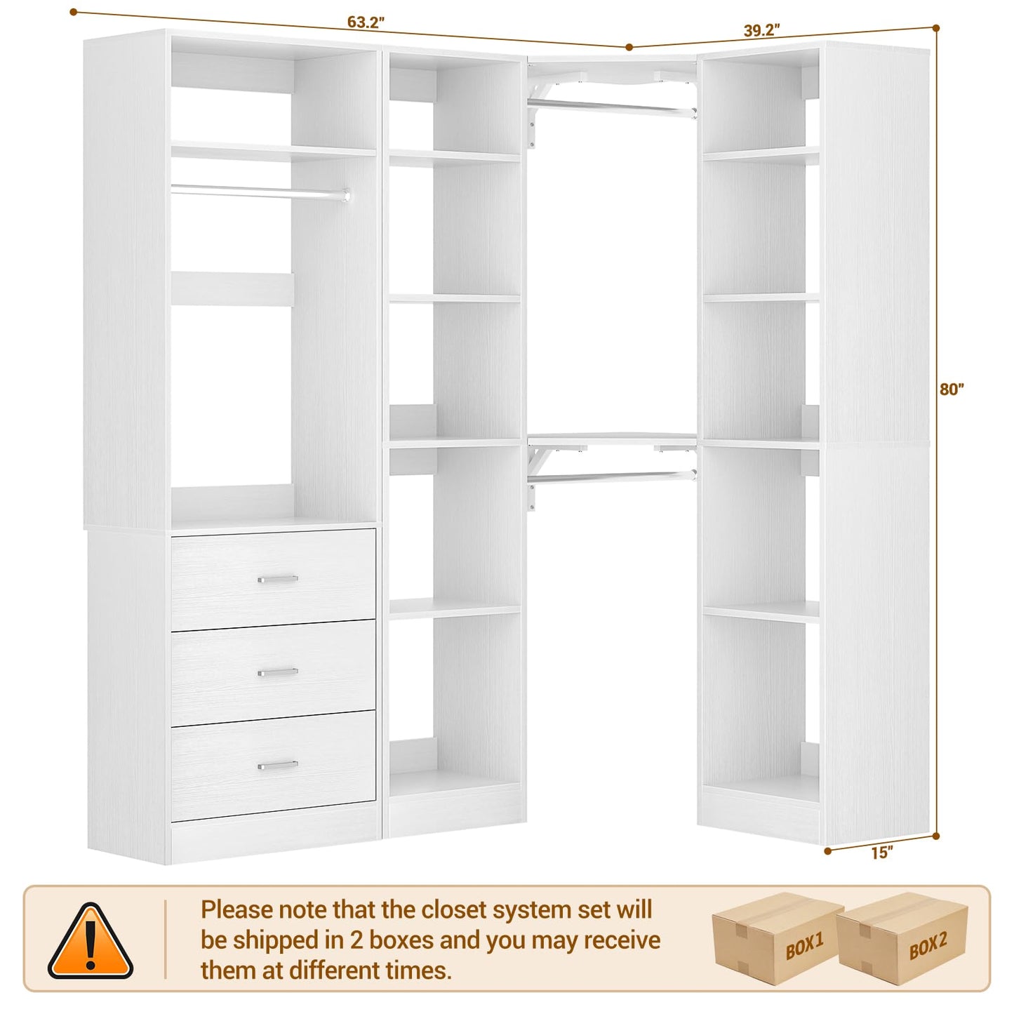 Besiost Corner Closet System with 3 Drawers, Corner Closet Organizer System with 13 Shelves & 3 Hanging Rods, 63.2"L * 39.2"W Reversible L Shaped Walk-in Closets, Load 2000+LBS, White