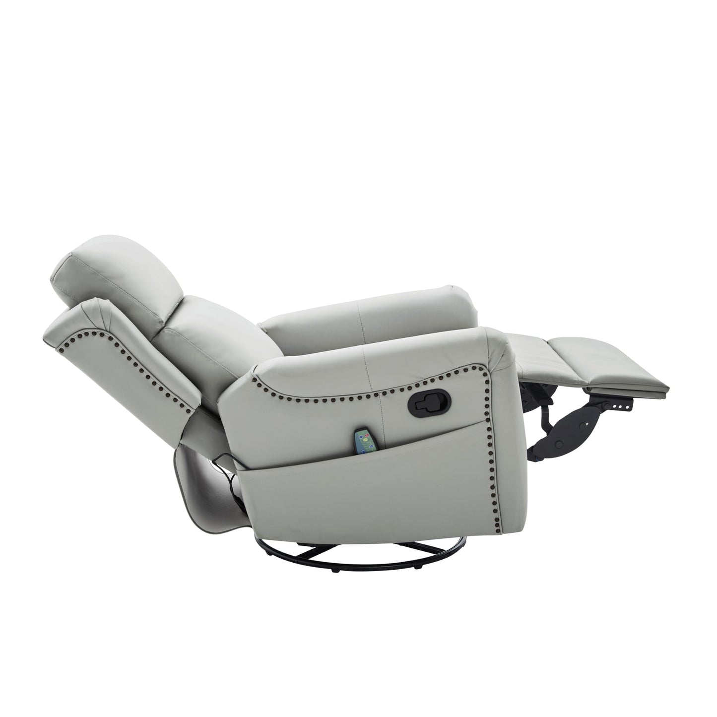 Merax Modern Manual Recliner Chair with Massage & Heat, 270° Swivel Rocking Chair, PU Leather Upholstered Home Theater Recliner with Storage Pocket, Adjustable Backrest for Living Room, Grey
