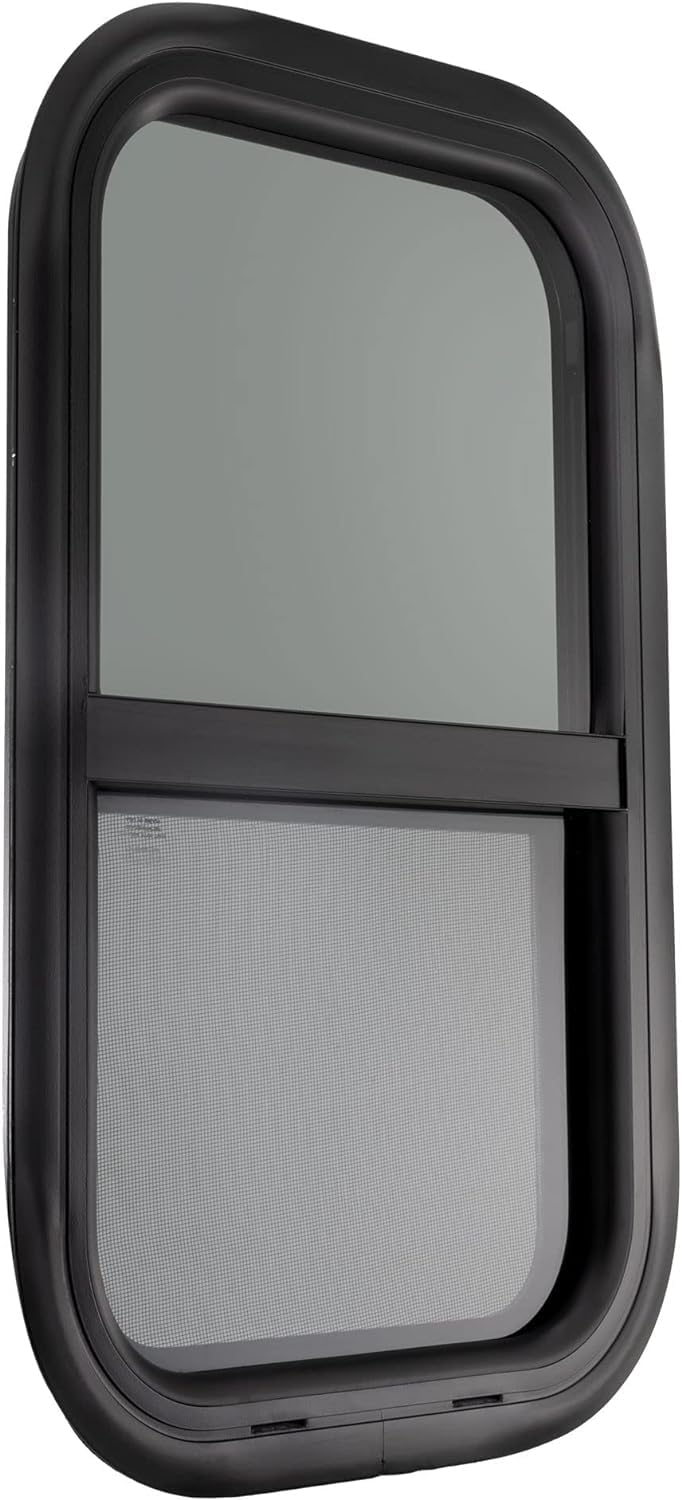 RecPro RV Window Replacement | Teardrop Style | 14inW x 22inH | Vertical Sliding | Black | Model RP-WIN