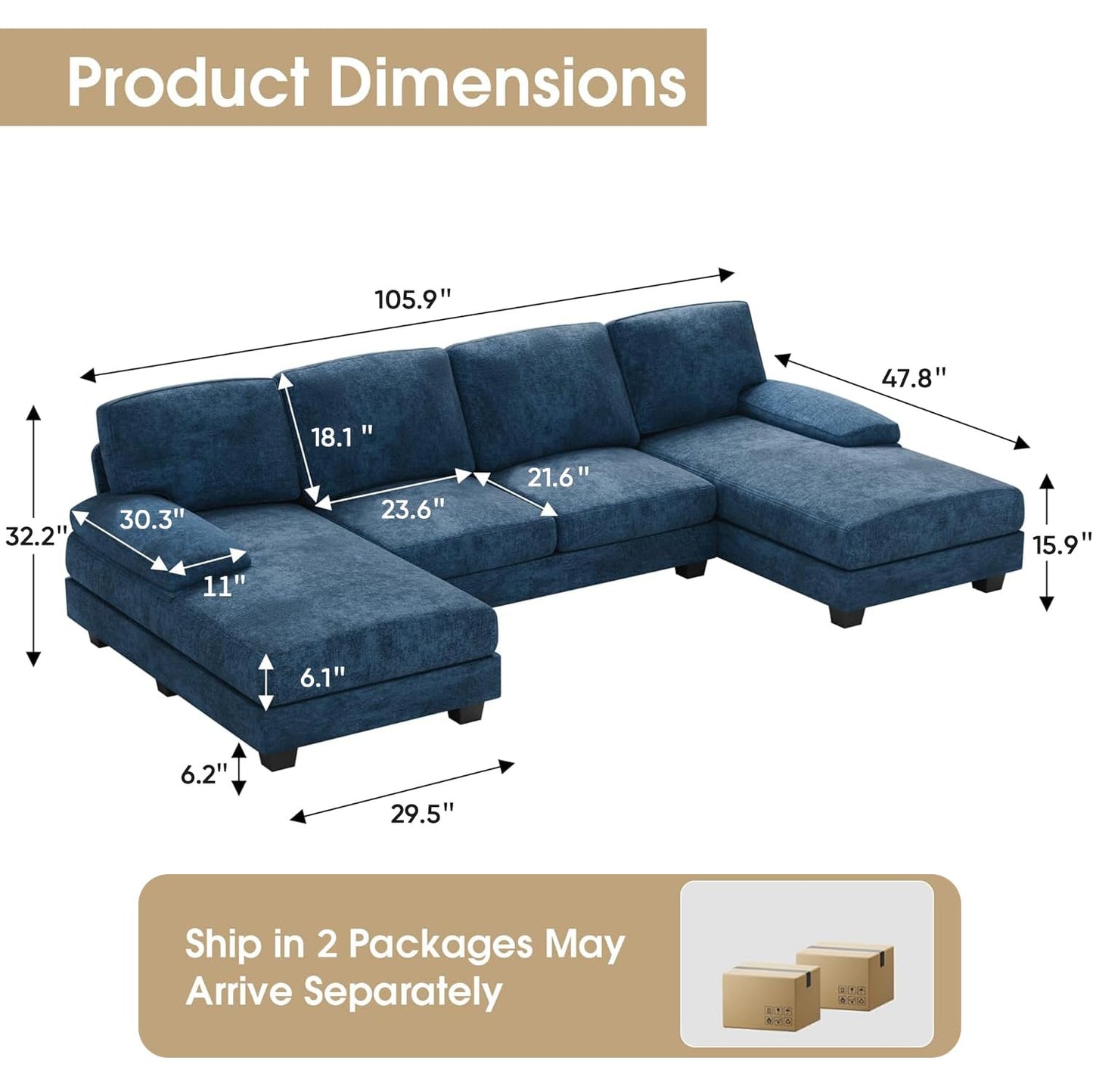 Furniwell Convertible Sectional Sofa Couch, 4 Seat Sofa Set for Living Room U-Shaped Modern Fabric Modular Sofa Sleeper with Double Chaise & Memory Foam (Fabric, Blue)