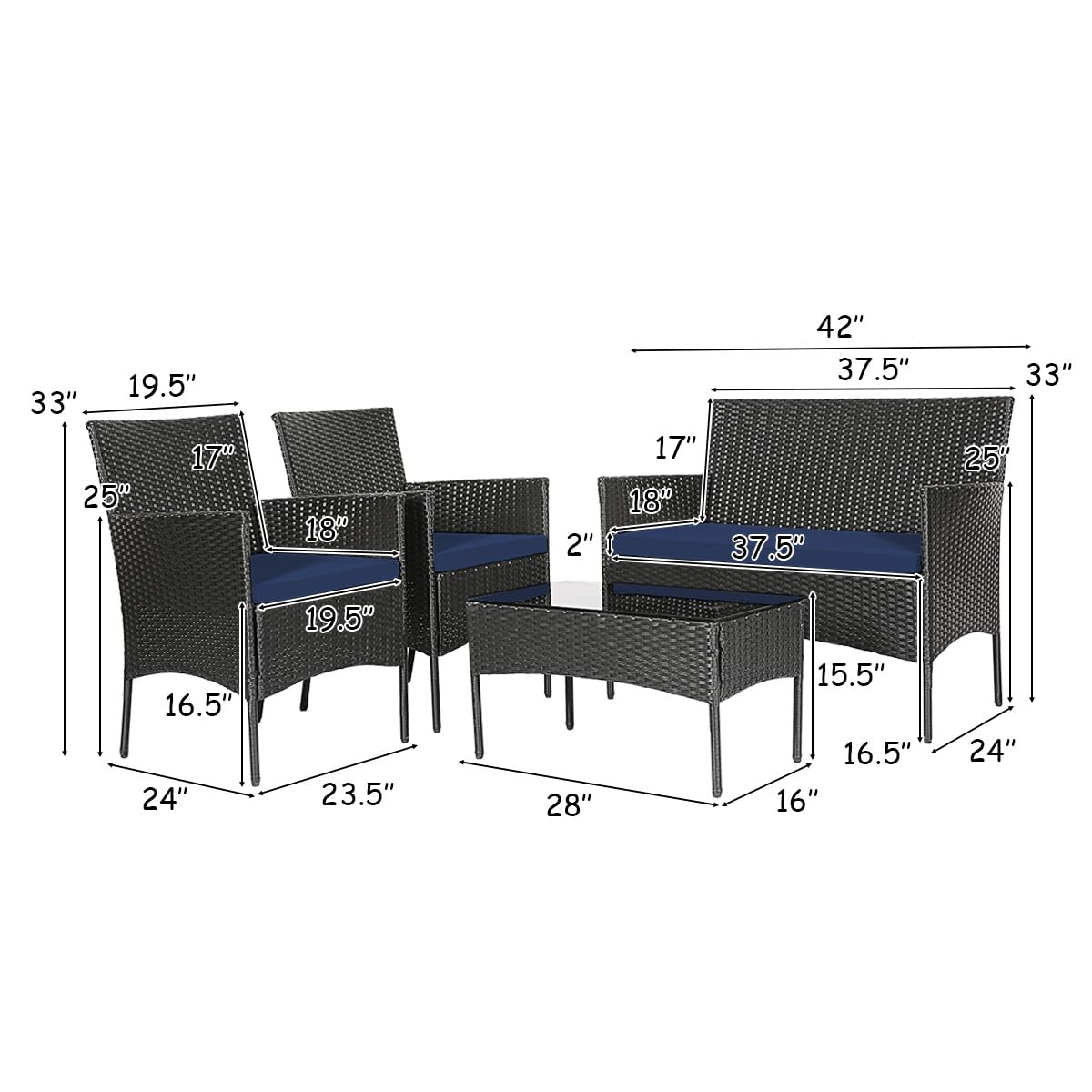 Tangkula 4 Pieces Patio Furniture Set, Outdoor Wicker Conversation Set with Tempered Glass Tabletop, Rattan Sofa and Chairs Set with Off White & Navy Cushion Covers