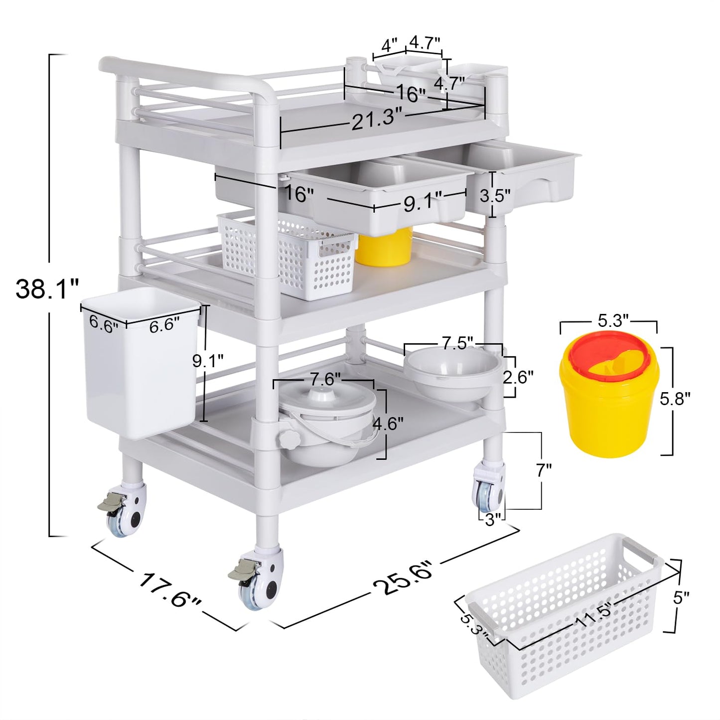 Mobile Medical Carts 3 Tier Professional Utility Cart 330 LBS Max Load Rolling Crash Cart Ultrasound Trolley with Wheels Drawers Dirt Bucket Sharps Box Storage Basket for Hospital Dental Clinic Home