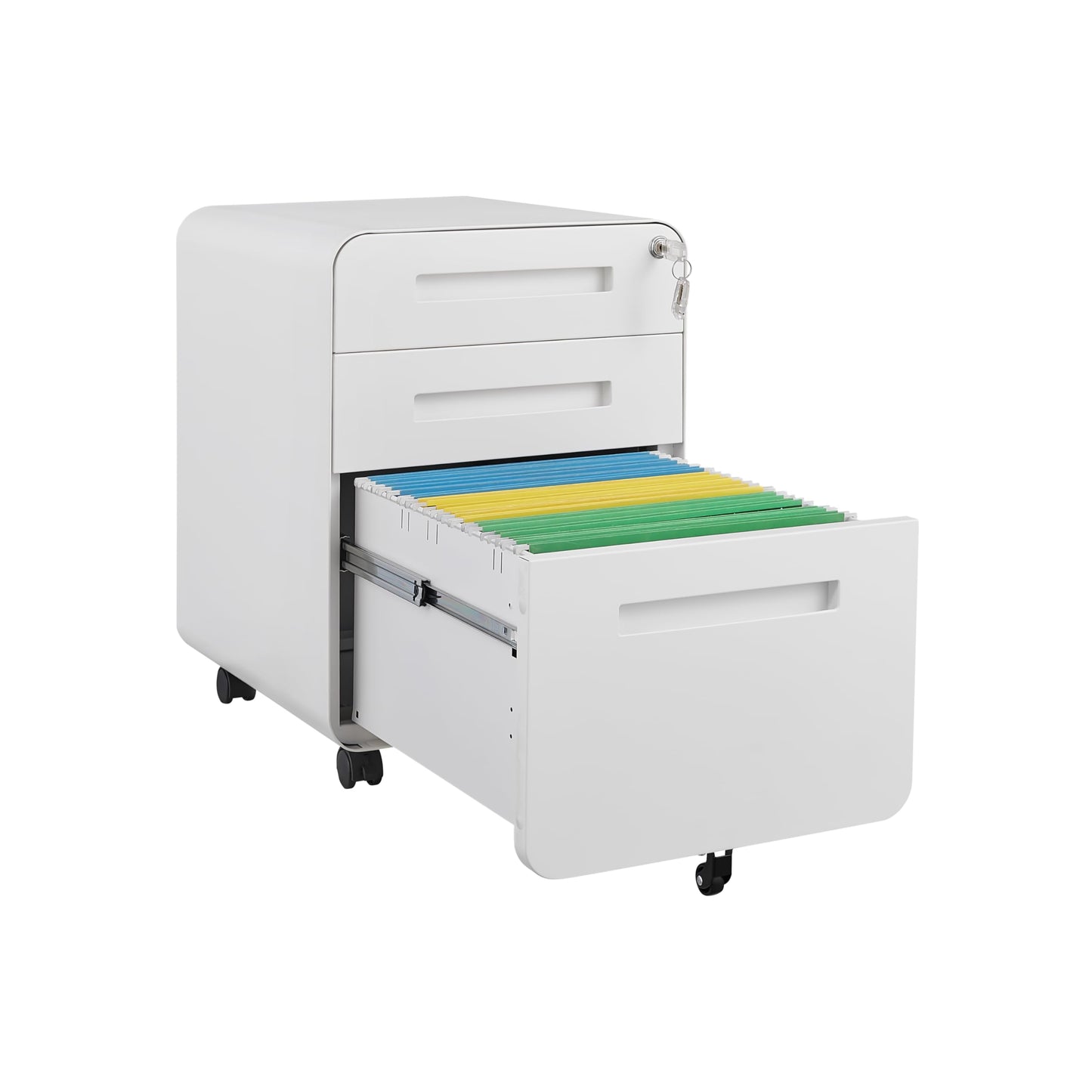 BouPower 3 Drawer File Cabinet for Home Office, Under Desk Mobile Filing Cabinet with Lock for A4/Letter/Legal Size, 5 Wheel Anti-tilt Rolling File Cabinets, Fully Assembled (Except Casters)