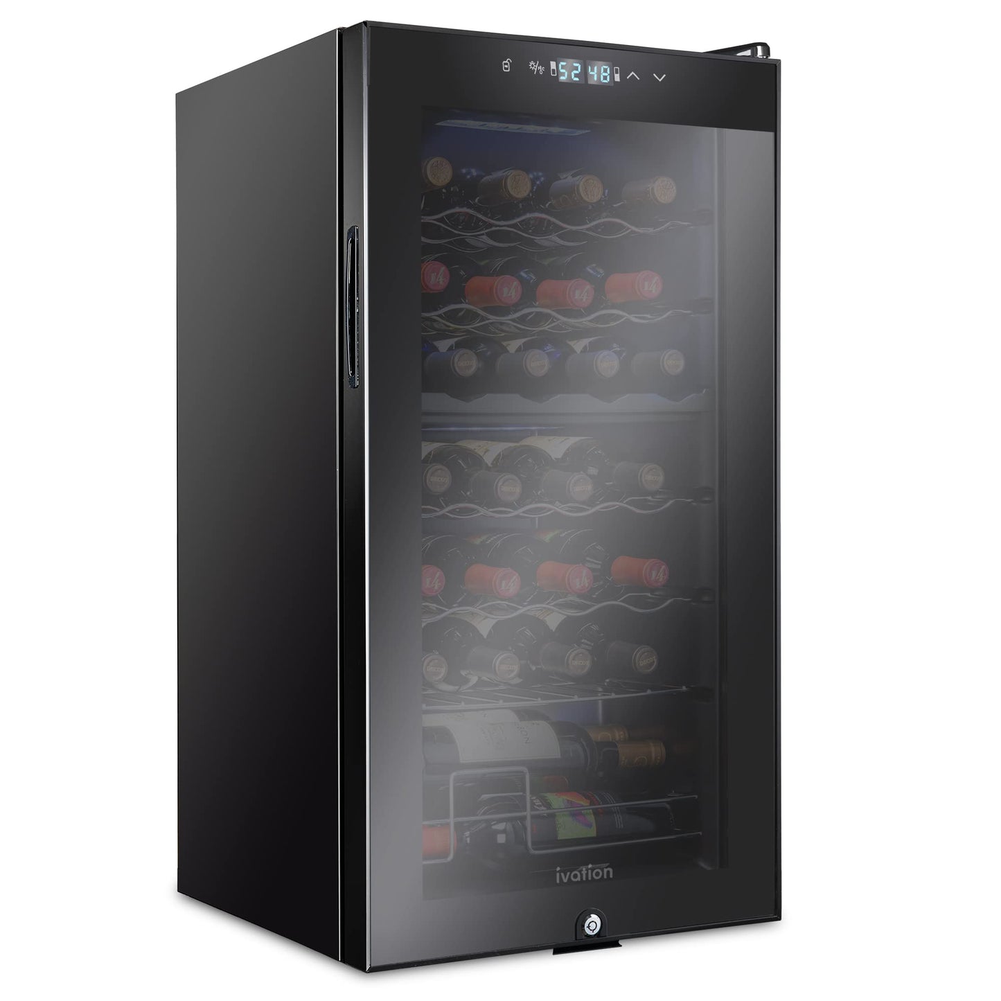 Ivation 28 Bottle Dual Zone Compressor Wine Cooler Refrigerator w/Lock | Large Freestanding Wine Cellar For Red, White, Champagne Wine | 41f-64f Digital Temperature Control Fridge Glass Door Black
