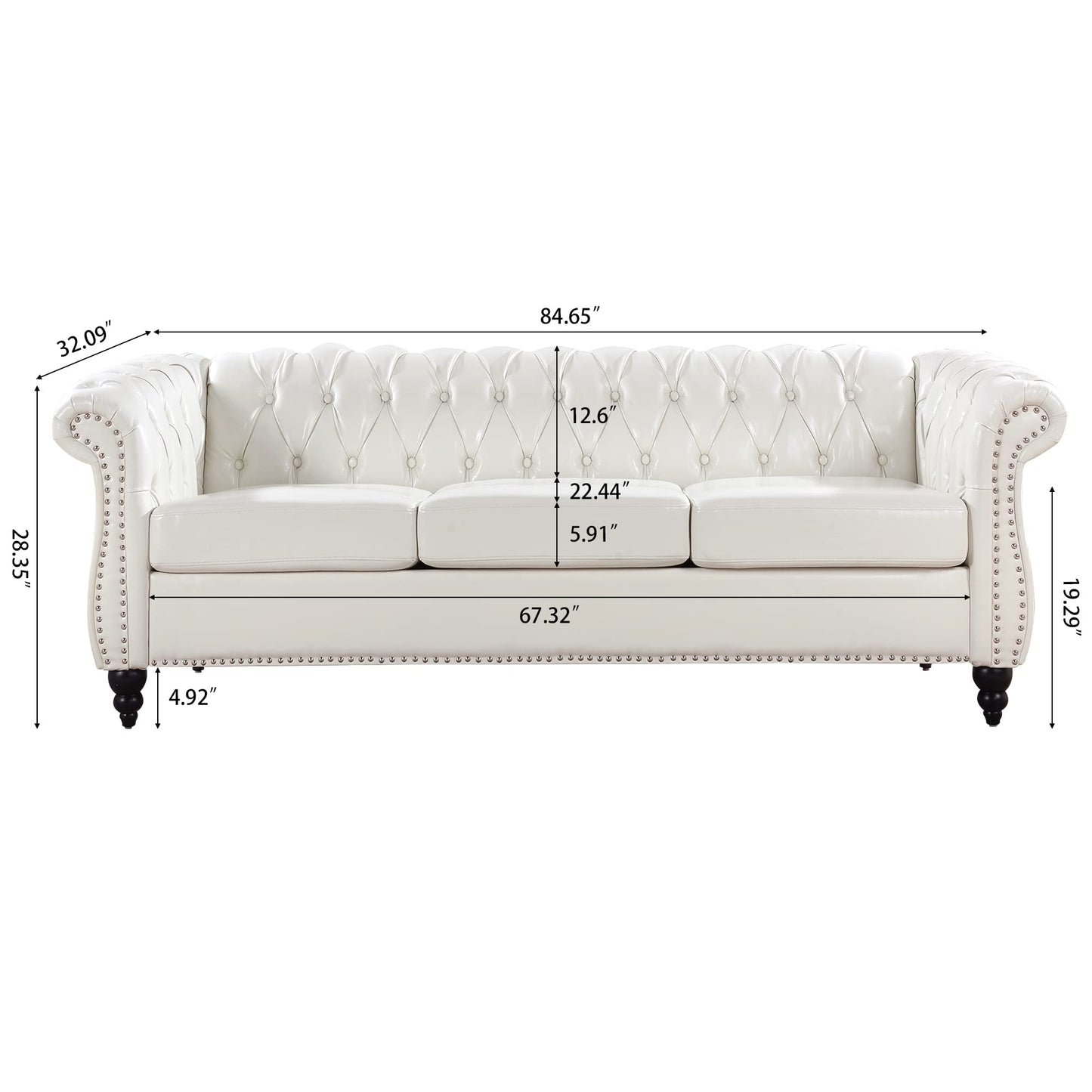 KEIKI 85" PU Leather 3-Seater Chesterfield Sofa with Cushions and Rolled Arm, Deep Pull Buckles Design Modern Style Comfy Couch with Birch Legs, Easy Assembly, for Living Room, White