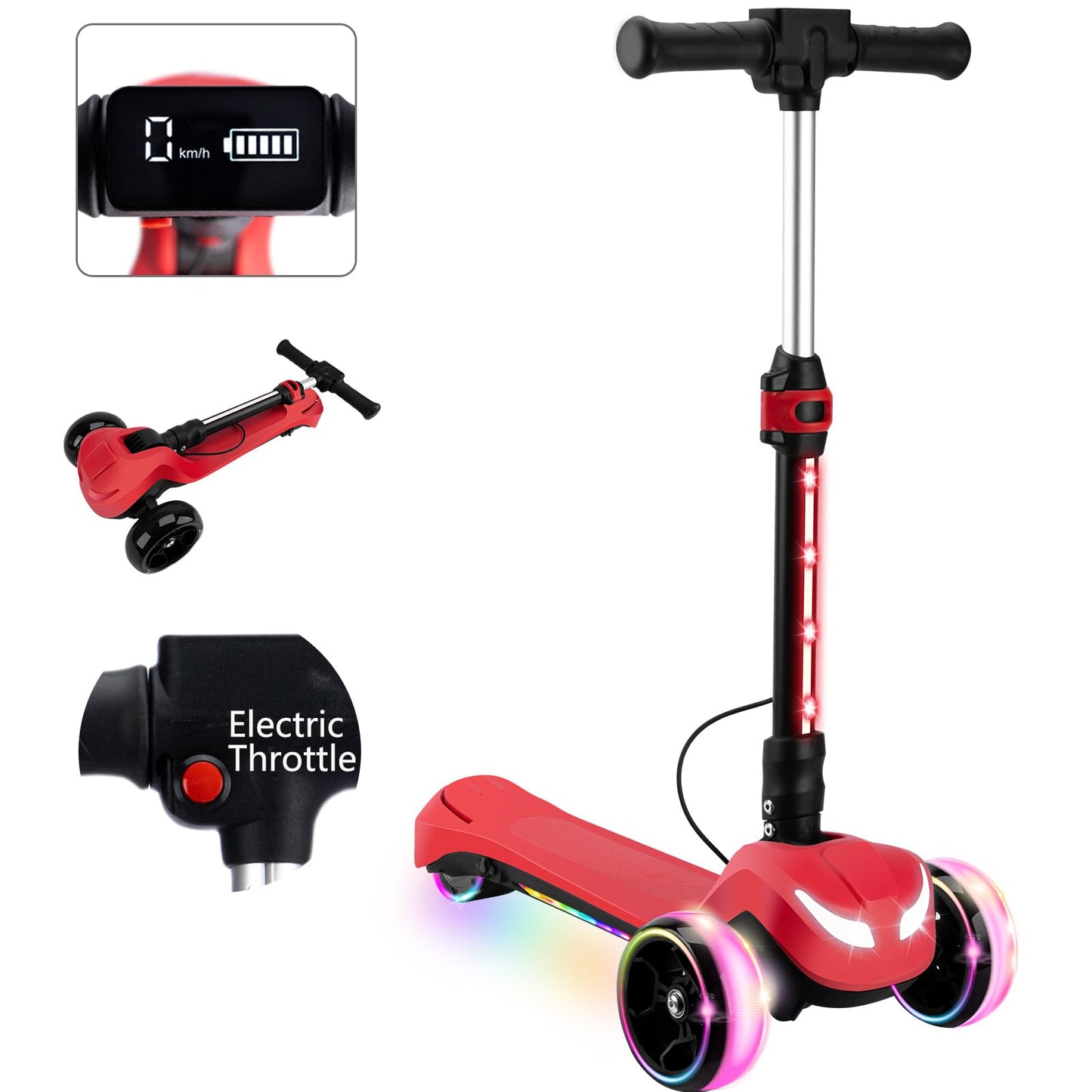 Kids Electric Scooter w/LCD Screen, Bluetooth Music, Light-Up Stem Deck & Wheels, Thumb Throttle, 3 Adjustable Heights, 150W Powerful Motor, Foldable 3 Wheel Electric Scooter for Kids Boys Girls, Red