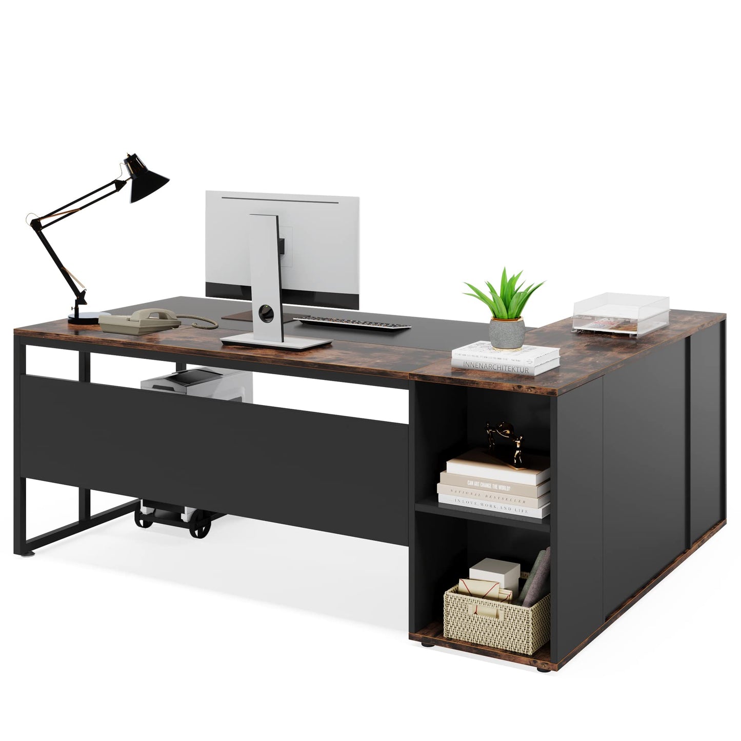 Tribesigns 71 inch Executive Desk, L Shaped Desk with Cabinet Storage, Executive Office Desk with Shelves, Business Furniture Workstation for Home Office, Brown and Black