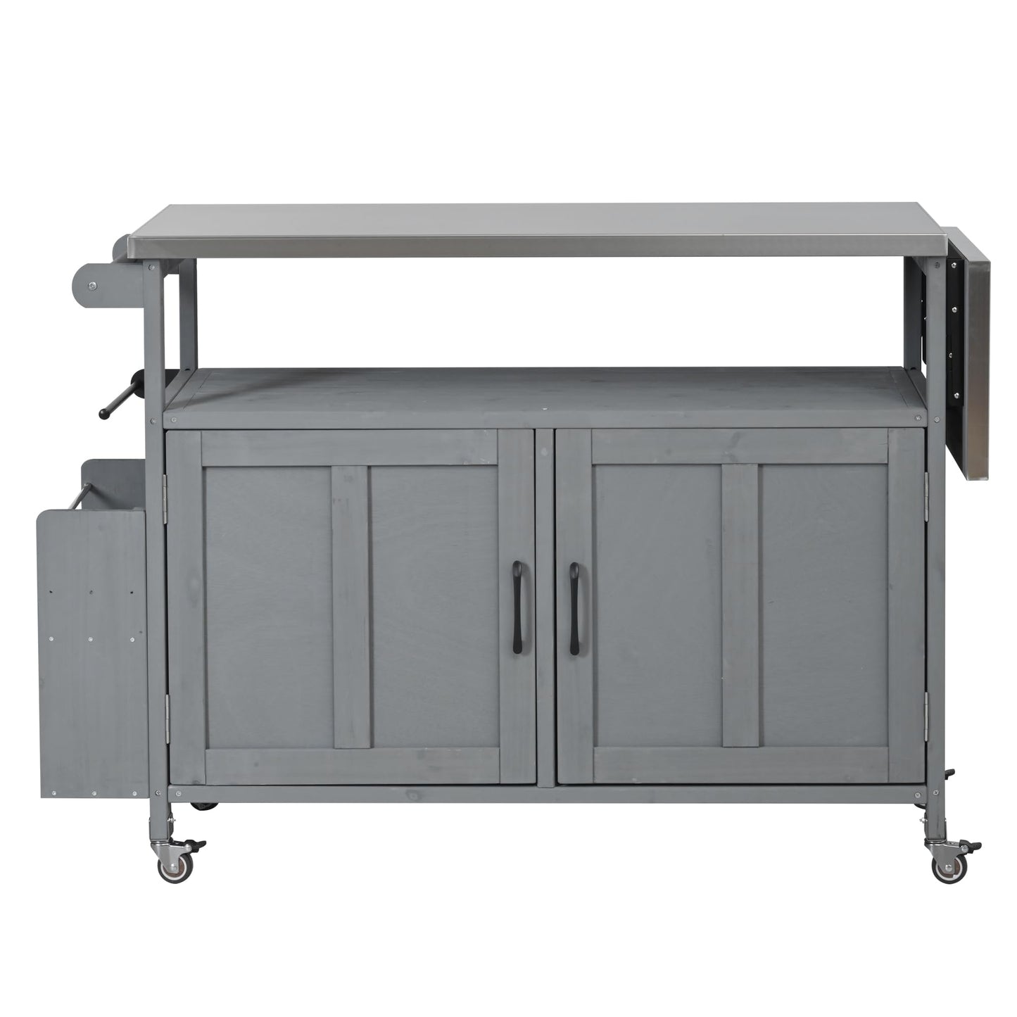 Outdoor Kitchen Island Cart with Foldable Stainless Steel Top, Rolling Grill Table with Adjustable Shelf Storage Spice Rack and Towel Holder, Wooden BBQ Prep Station with Lockable Wheels, Grey