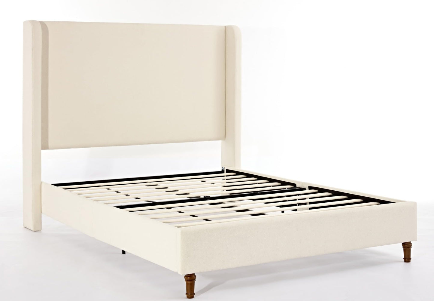 KEIKI Boucle California King Size Bed Frame, 54" Tall Headboard Upholstered Platform BedFrame with Wingback, Elegant Simplicity, No Box Spring Needed, Solid Oak Wood Feet, Ivory