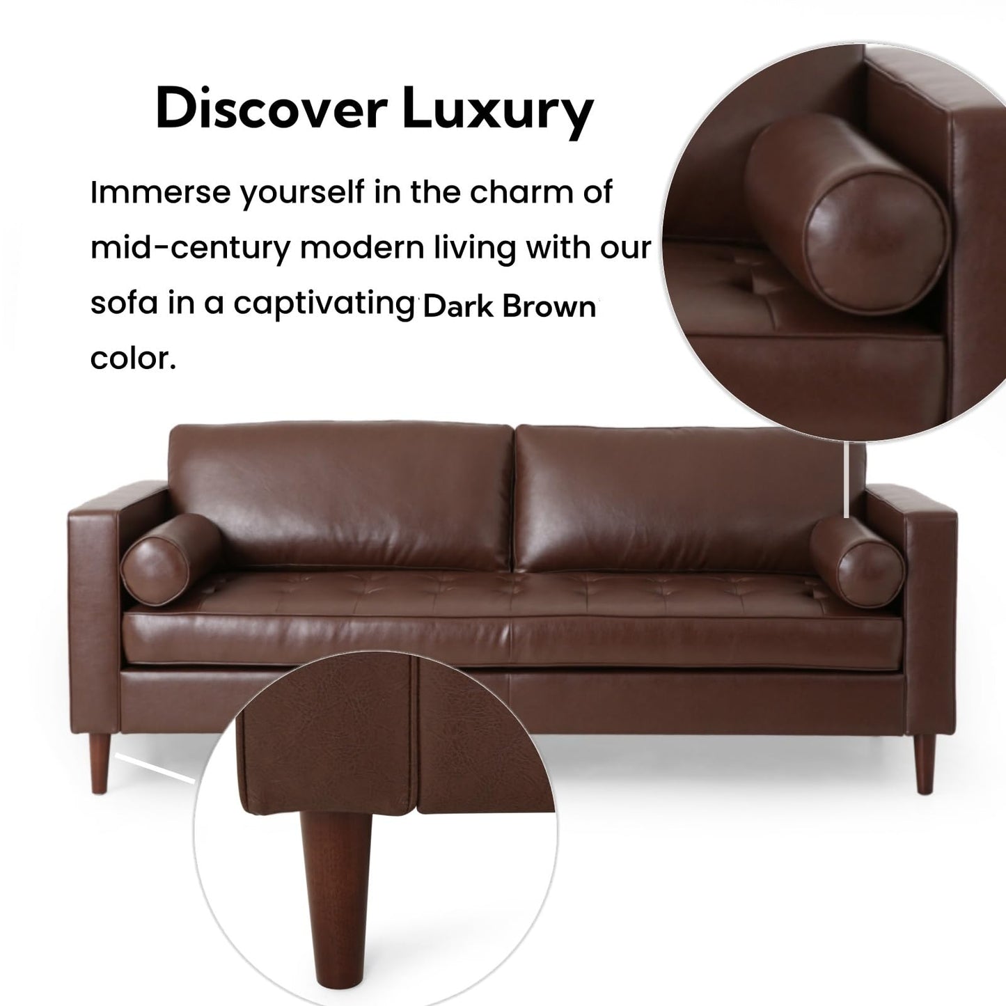 Merax Upholstered PU Sofa, Classic 3 Seater Leather Couch with Wooden Legs for Living Room Bedroom Office, Dark Brown